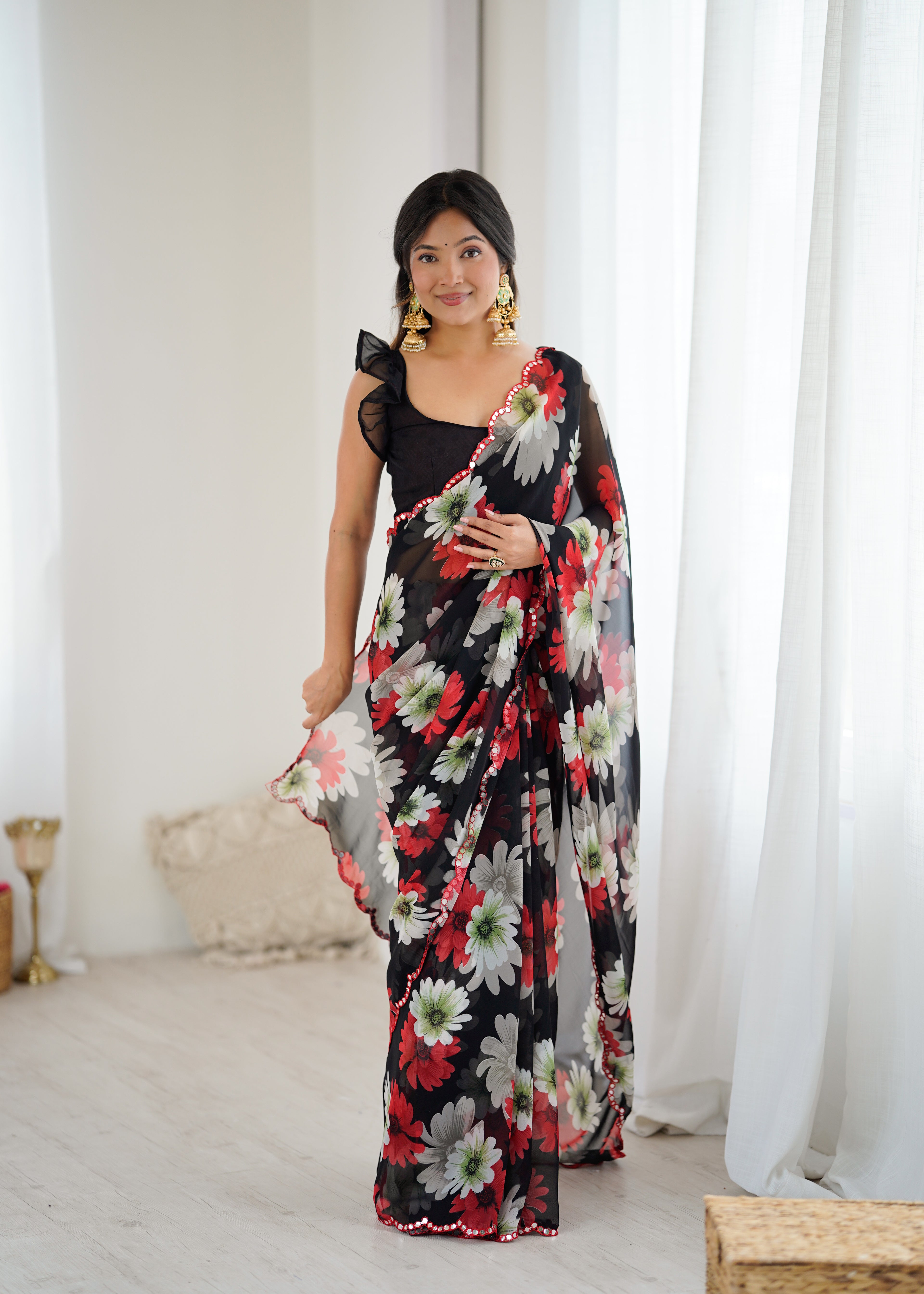 SHYAMIKA Georgette Floral Printed Saree with Mirror Work & Blouse