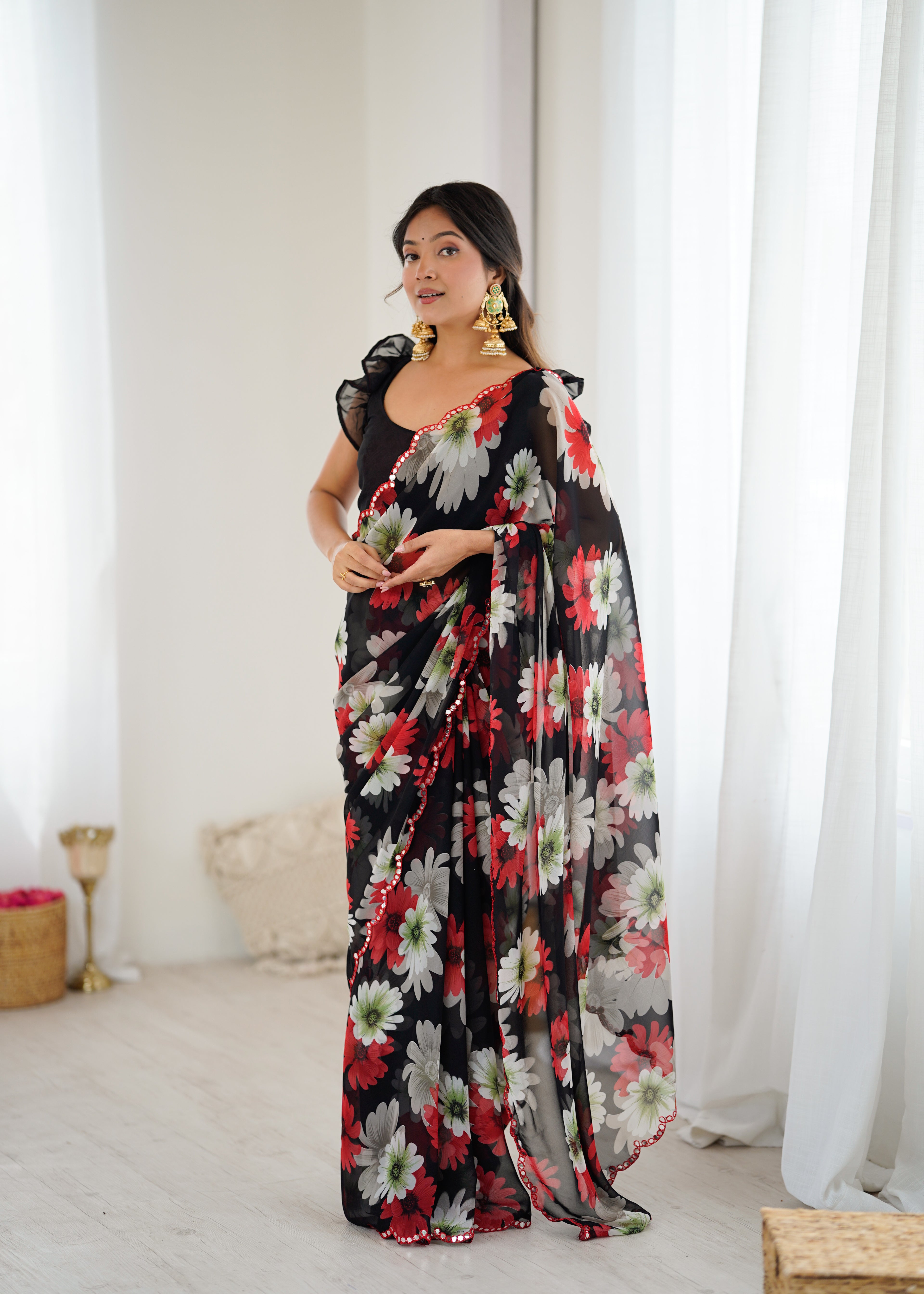 SHYAMIKA Georgette Floral Printed Saree with Mirror Work & Blouse