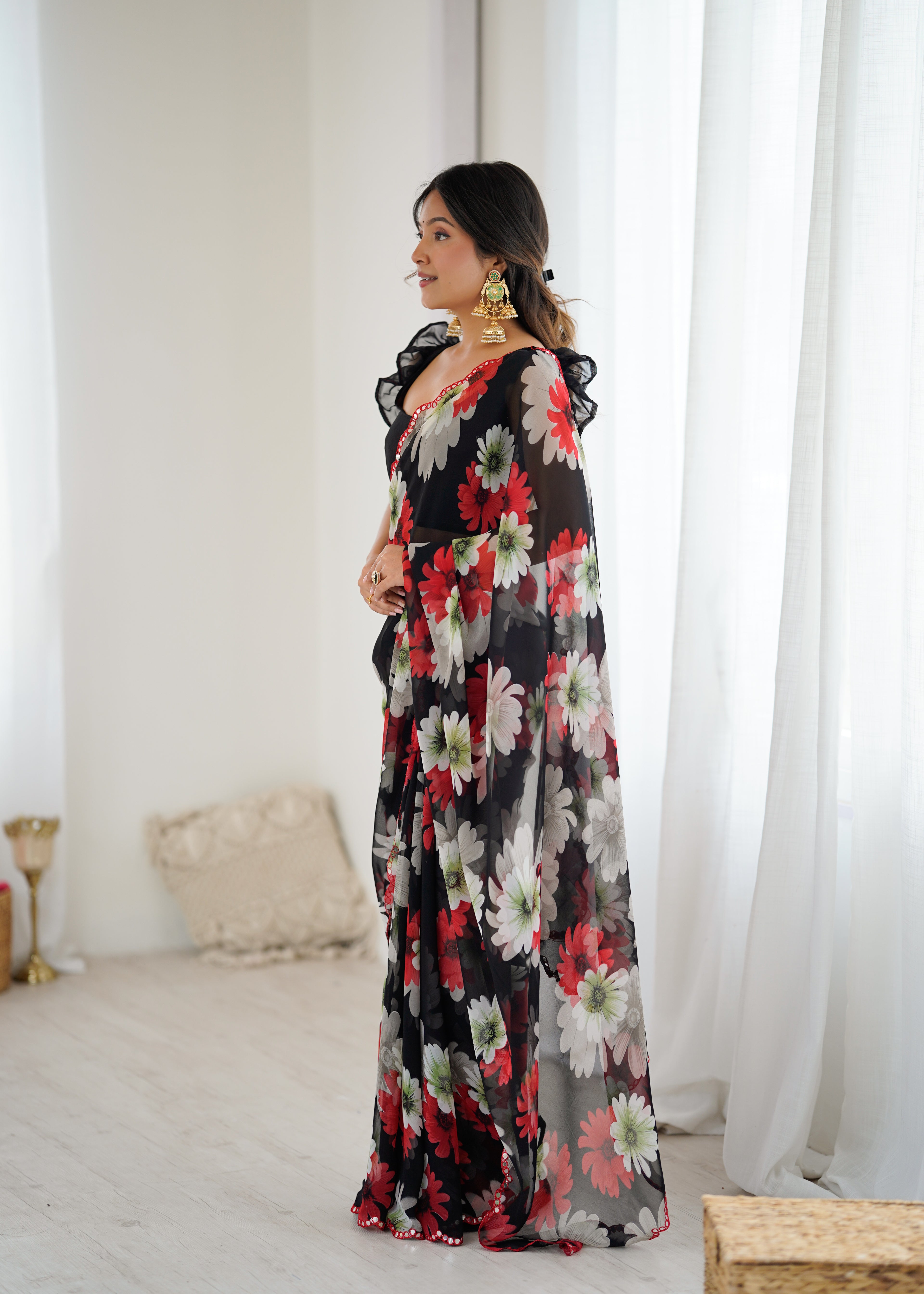 SHYAMIKA Georgette Floral Printed Saree with Mirror Work & Blouse