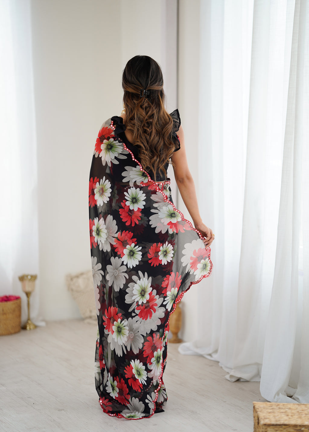 SHYAMIKA Georgette Floral Printed Saree with Mirror Work & Blouse