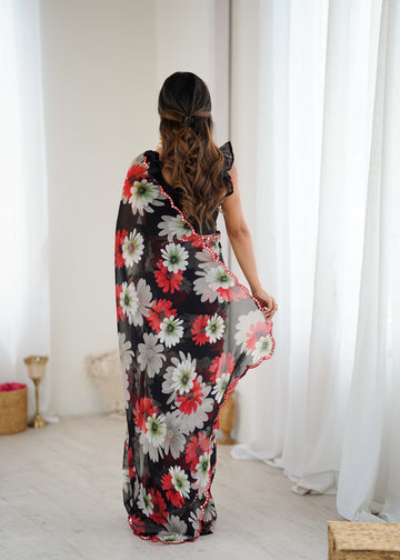 SHYAMIKA Georgette Floral Printed Saree with Mirror Work & Blouse