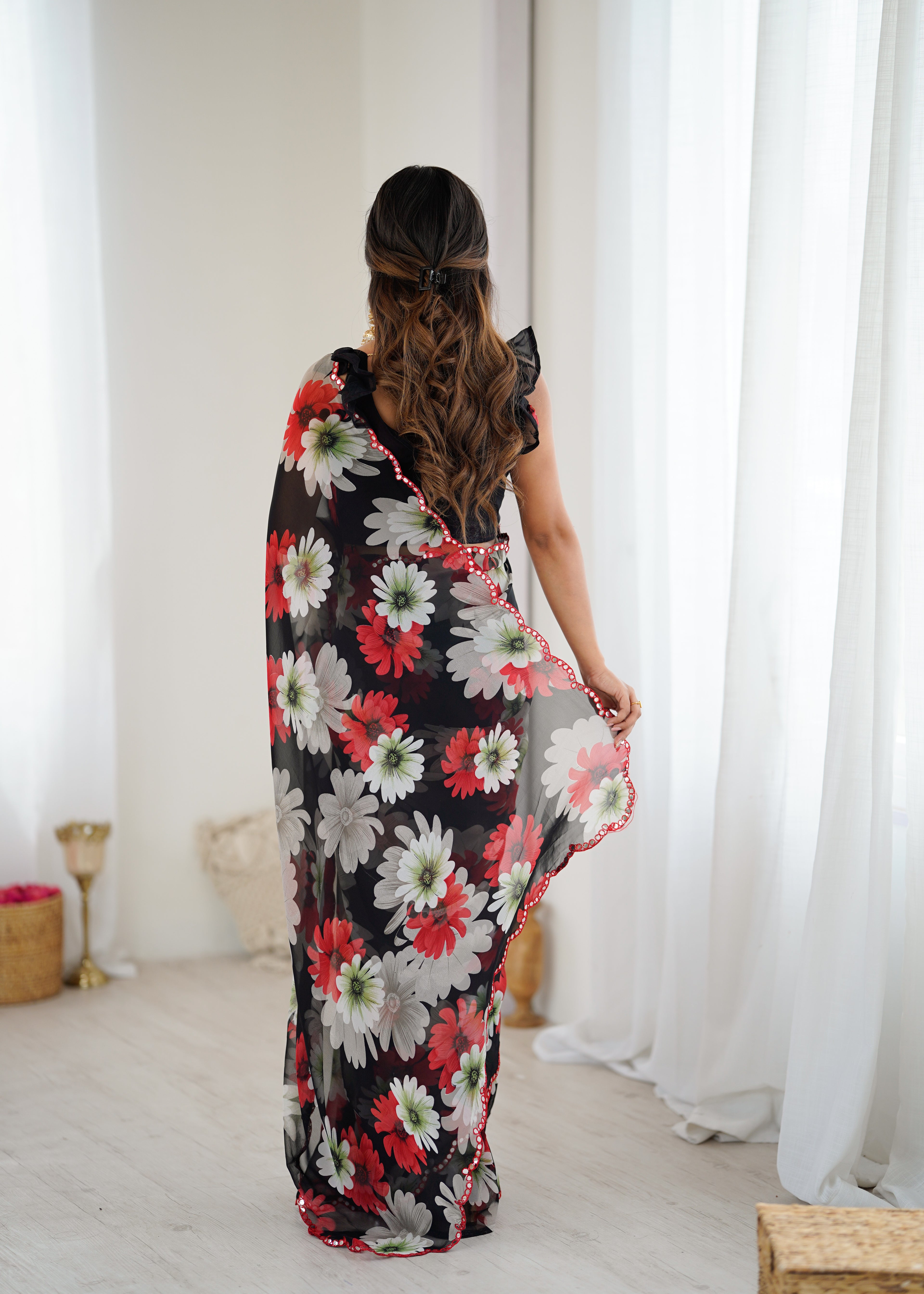 SHYAMIKA Georgette Floral Printed Saree with Mirror Work & Blouse