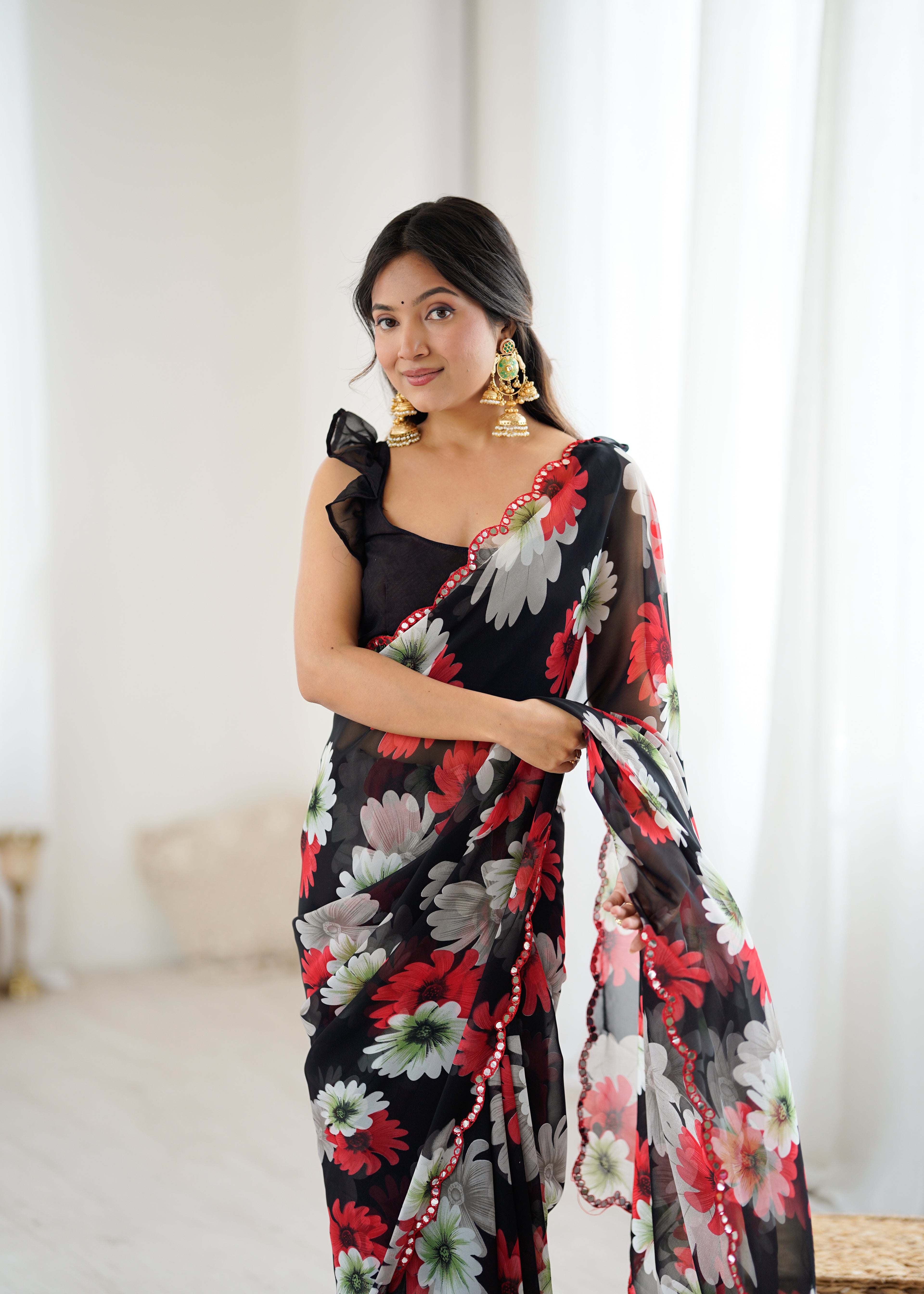 SHYAMIKA Georgette Floral Printed Saree with Mirror Work & Blouse