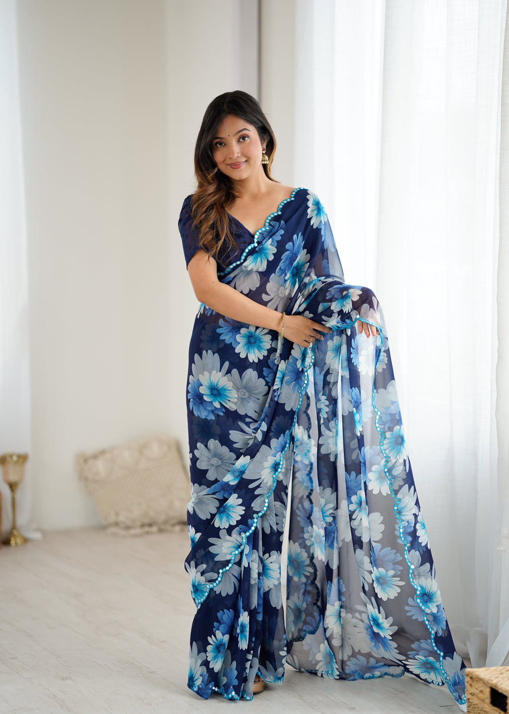 SHYAMIKA Georgette Floral Printed Saree with Mirror Work & Blouse