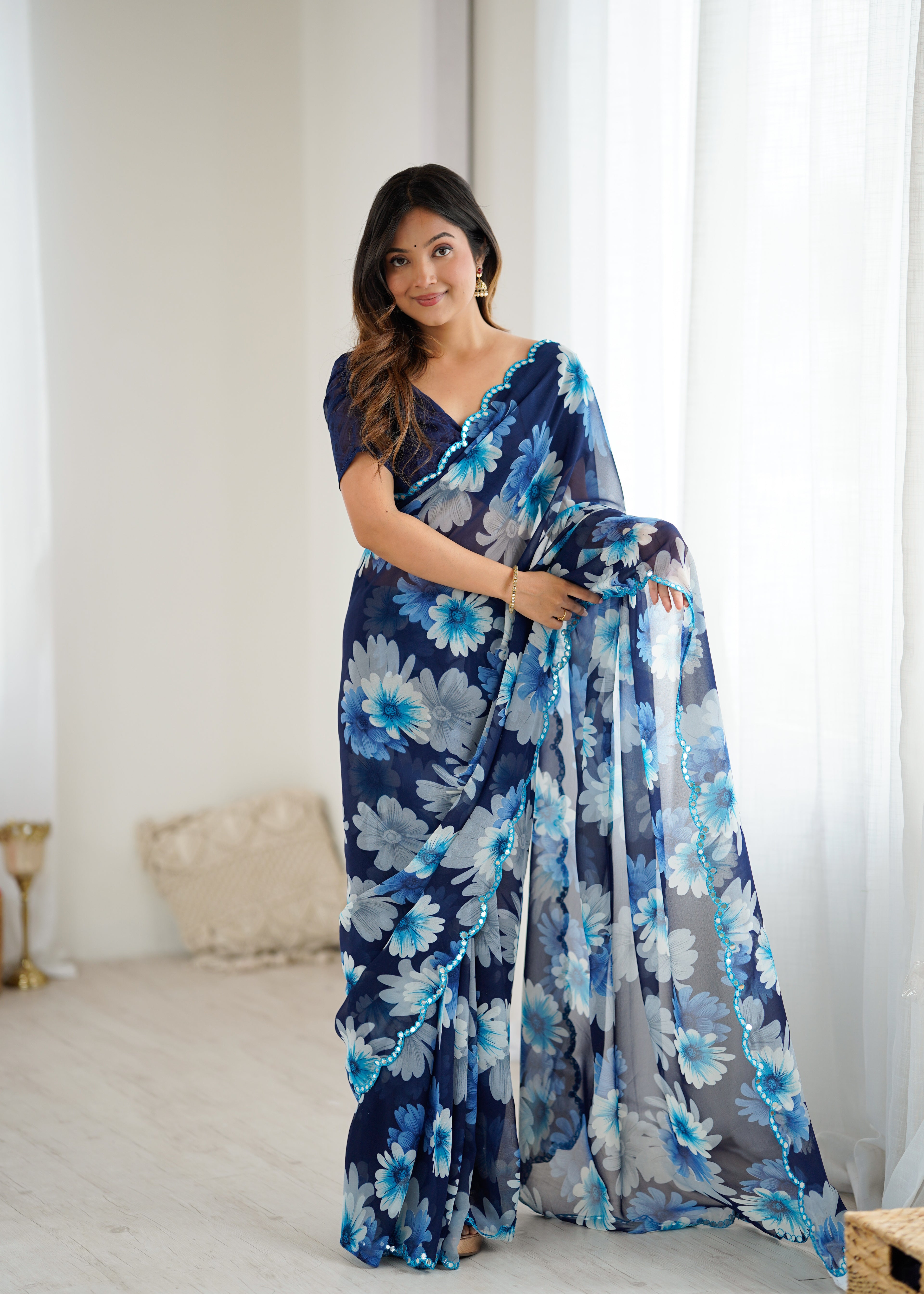 SHYAMIKA Georgette Floral Printed Saree with Mirror Work & Blouse