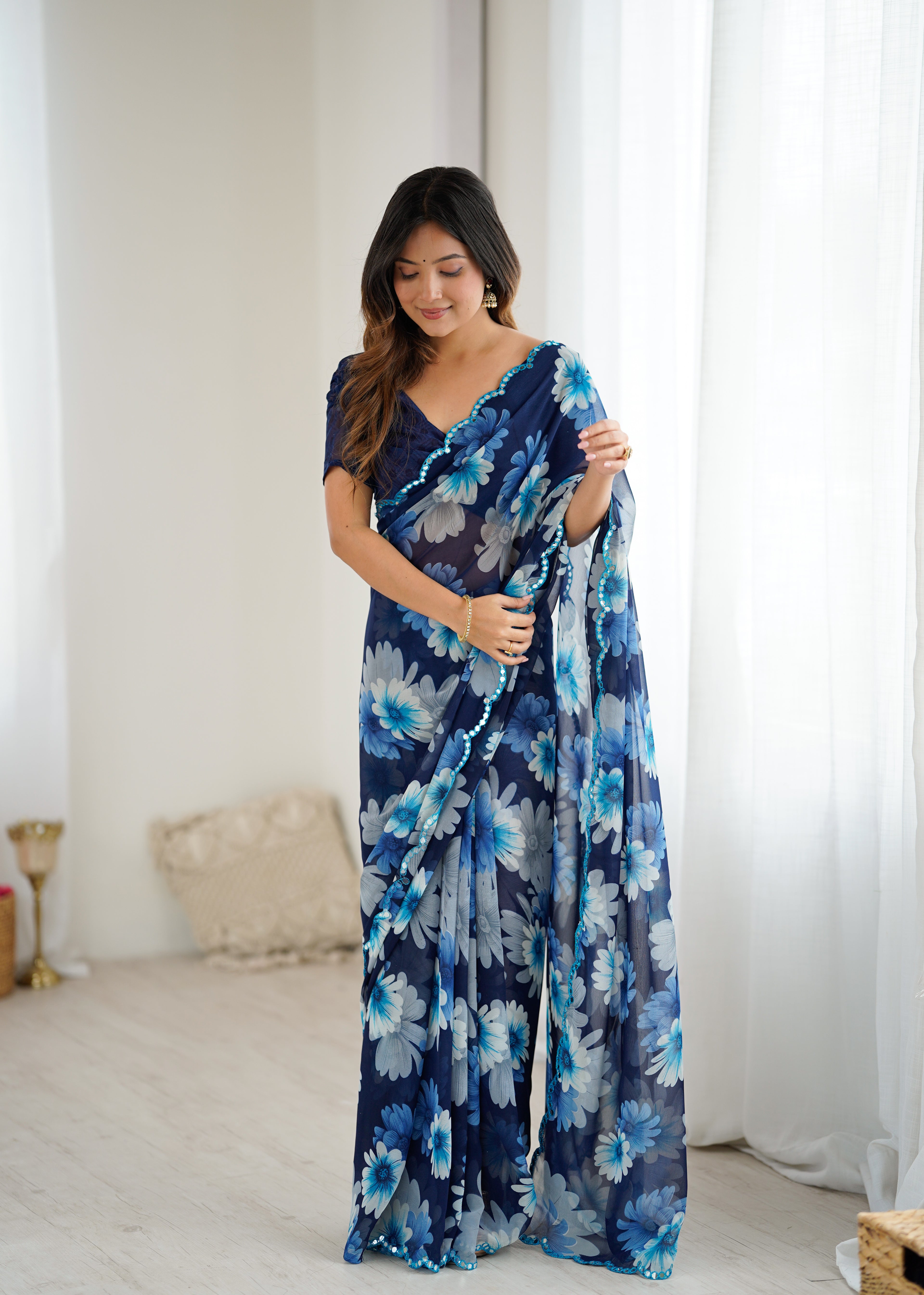 SHYAMIKA Georgette Floral Printed Saree with Mirror Work & Blouse