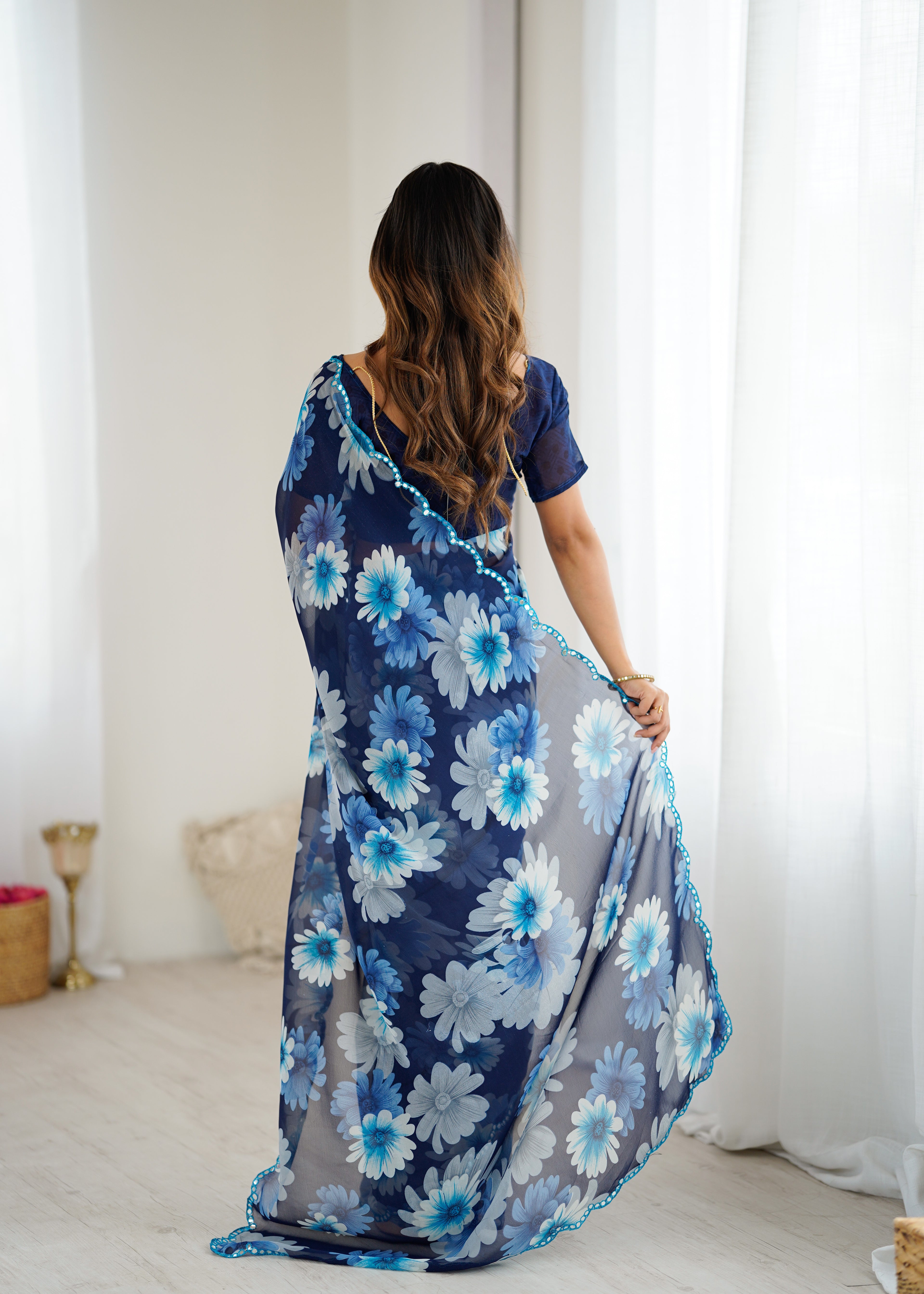SHYAMIKA Georgette Floral Printed Saree with Mirror Work & Blouse
