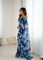 SHYAMIKA Georgette Floral Printed Saree with Mirror Work & Blouse