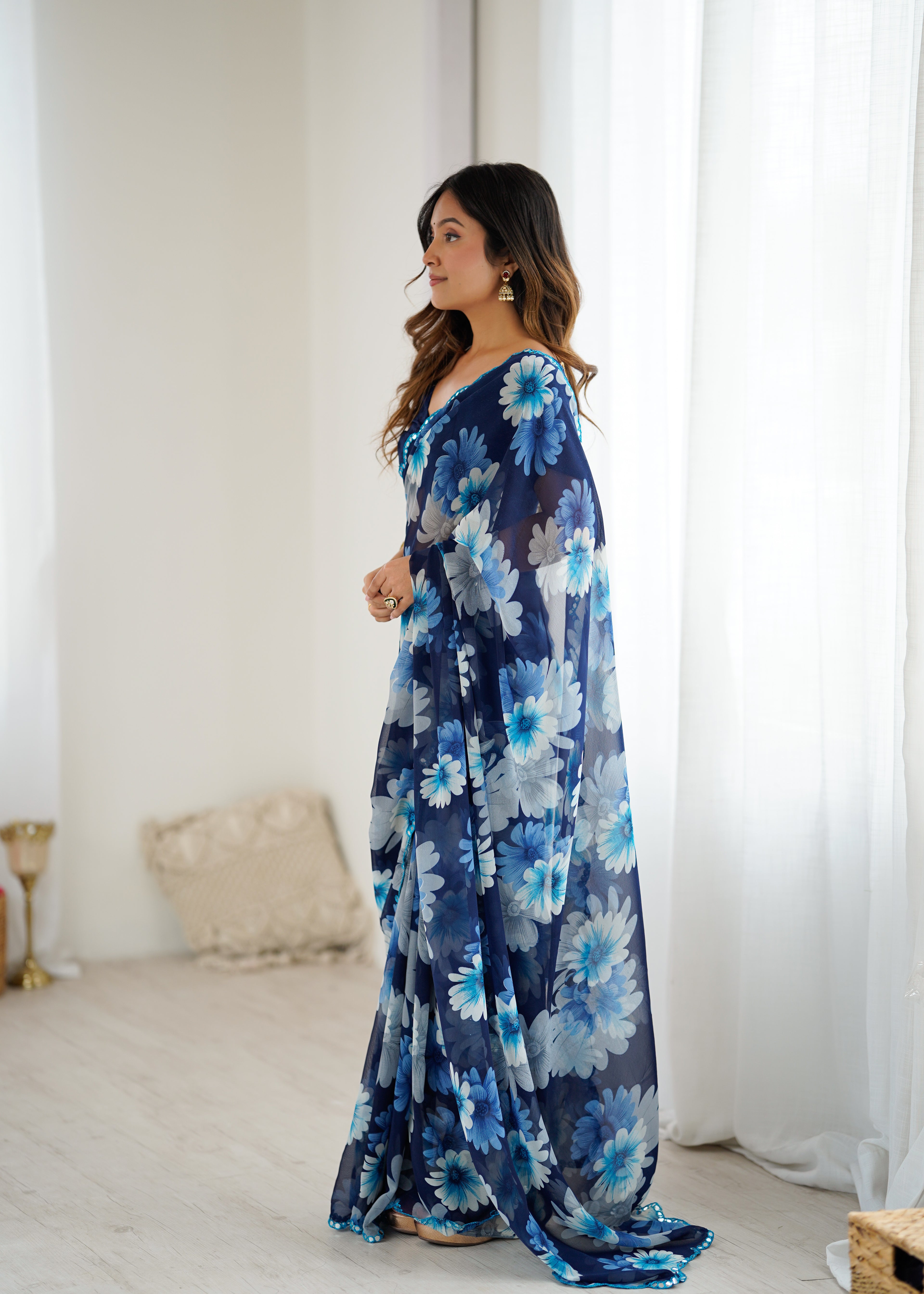 SHYAMIKA Georgette Floral Printed Saree with Mirror Work & Blouse