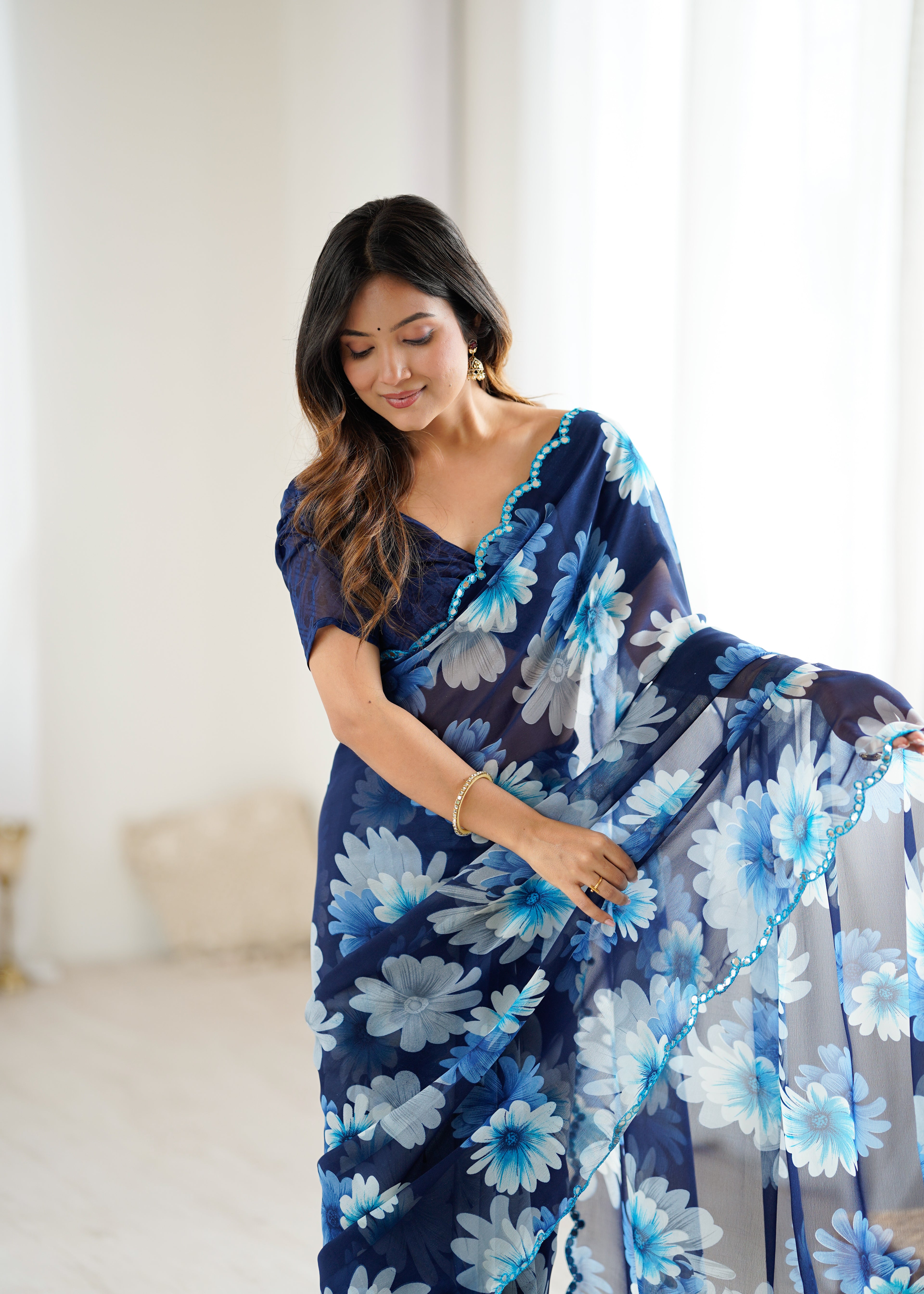 SHYAMIKA Georgette Floral Printed Saree with Mirror Work & Blouse