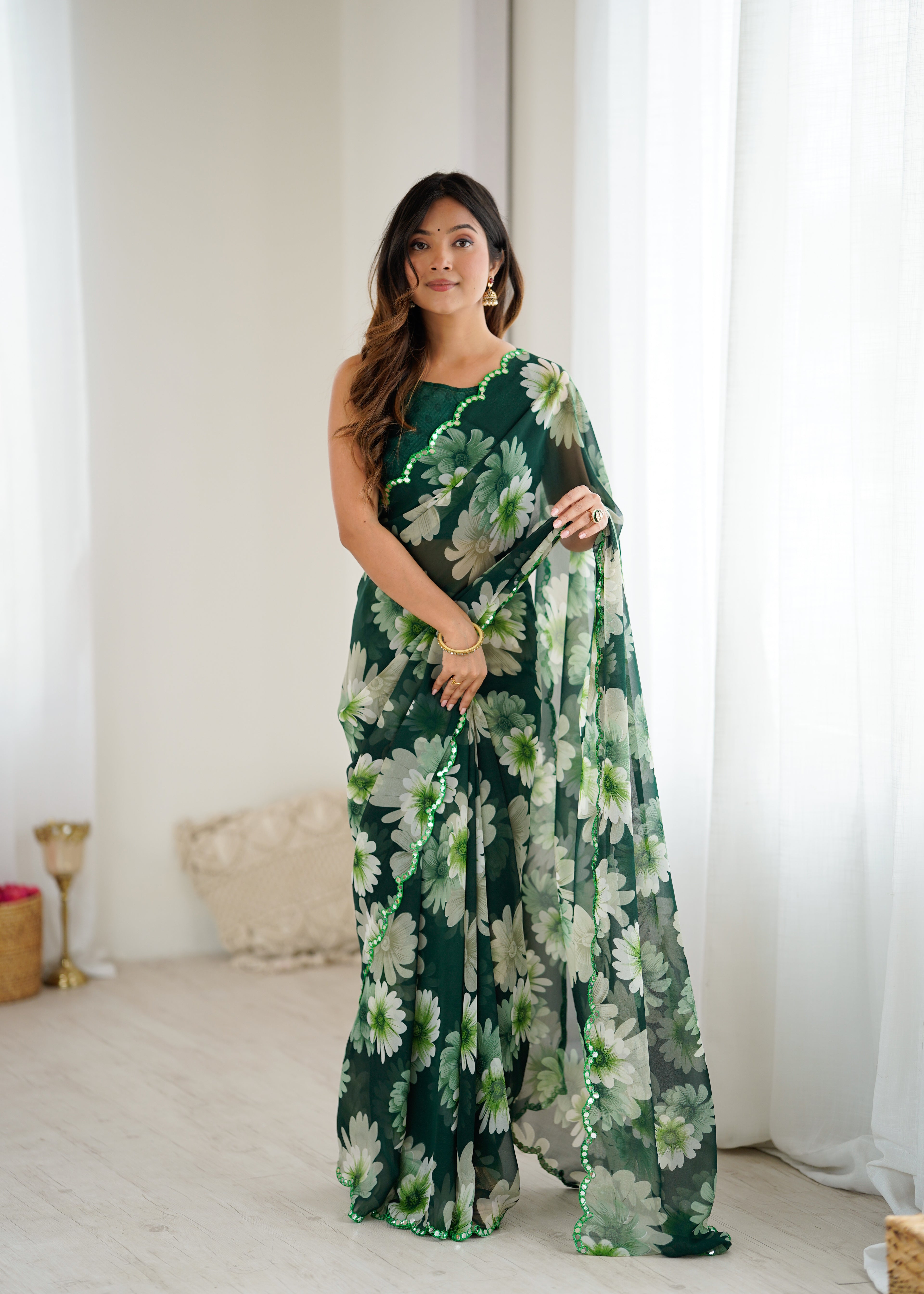 SHYAMIKA Georgette Floral Printed Saree with Mirror Work & Blouse