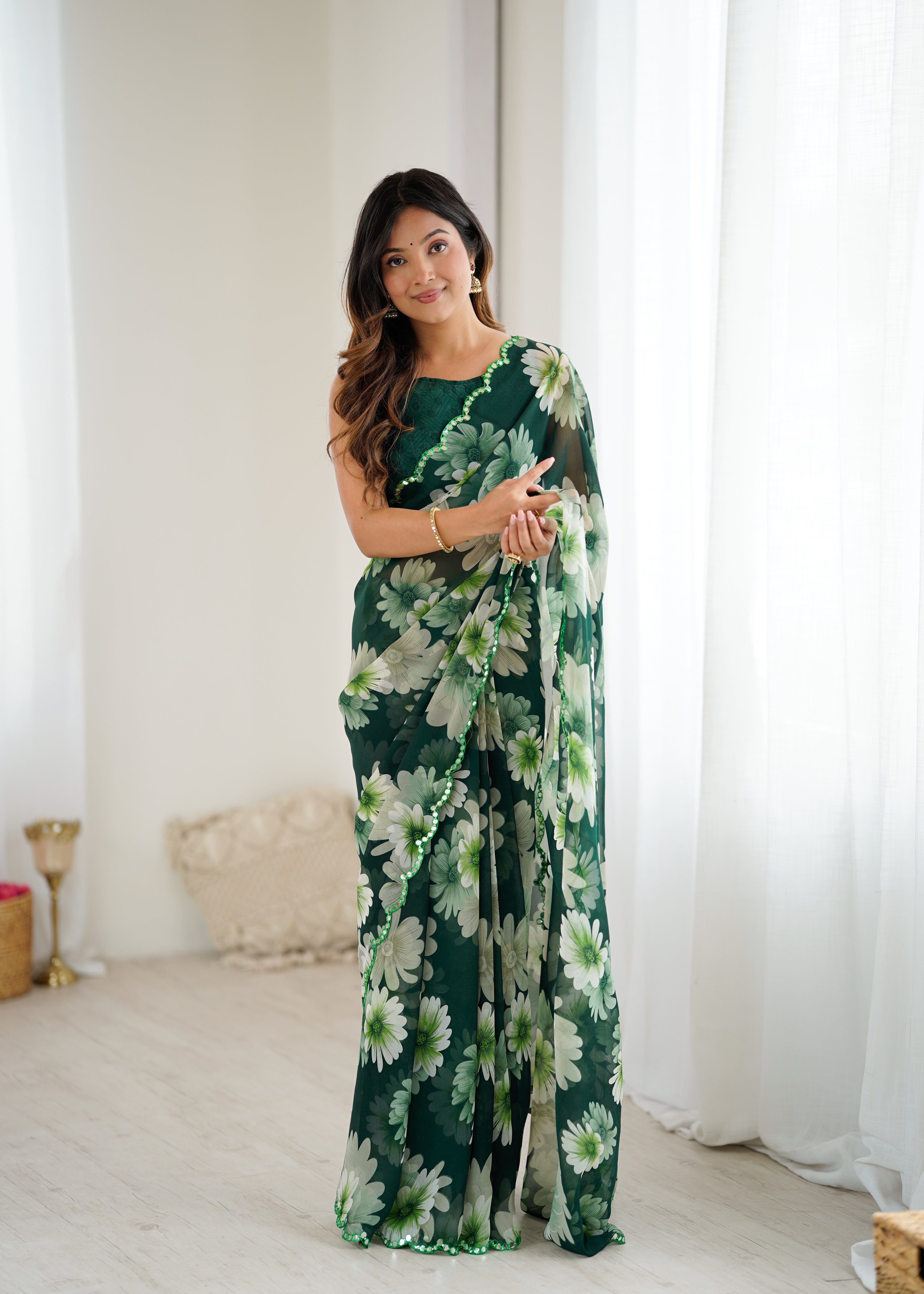 SHYAMIKA Georgette Floral Printed Saree with Mirror Work & Blouse