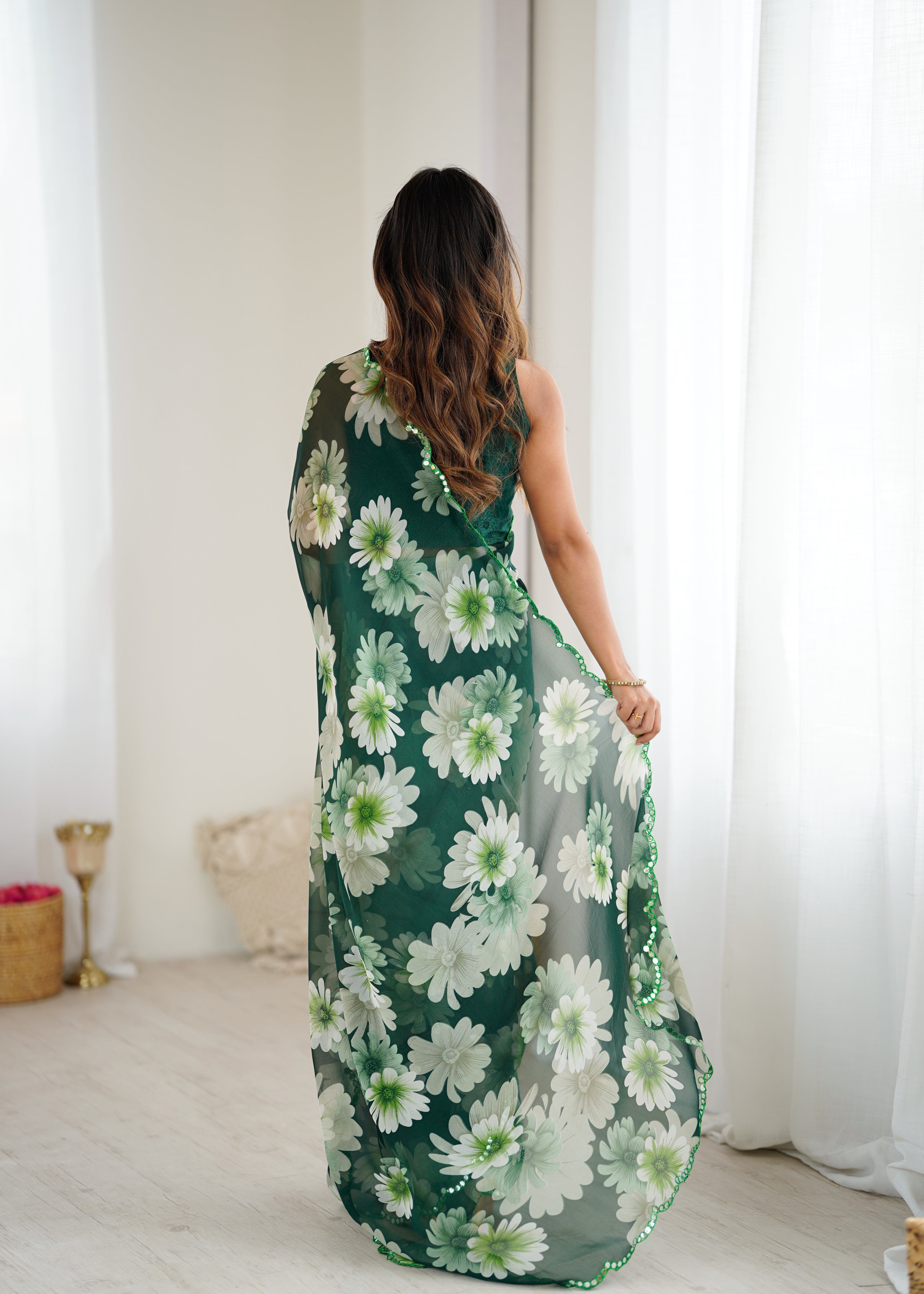 SHYAMIKA Georgette Floral Printed Saree with Mirror Work & Blouse