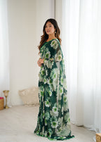 SHYAMIKA Georgette Floral Printed Saree with Mirror Work & Blouse