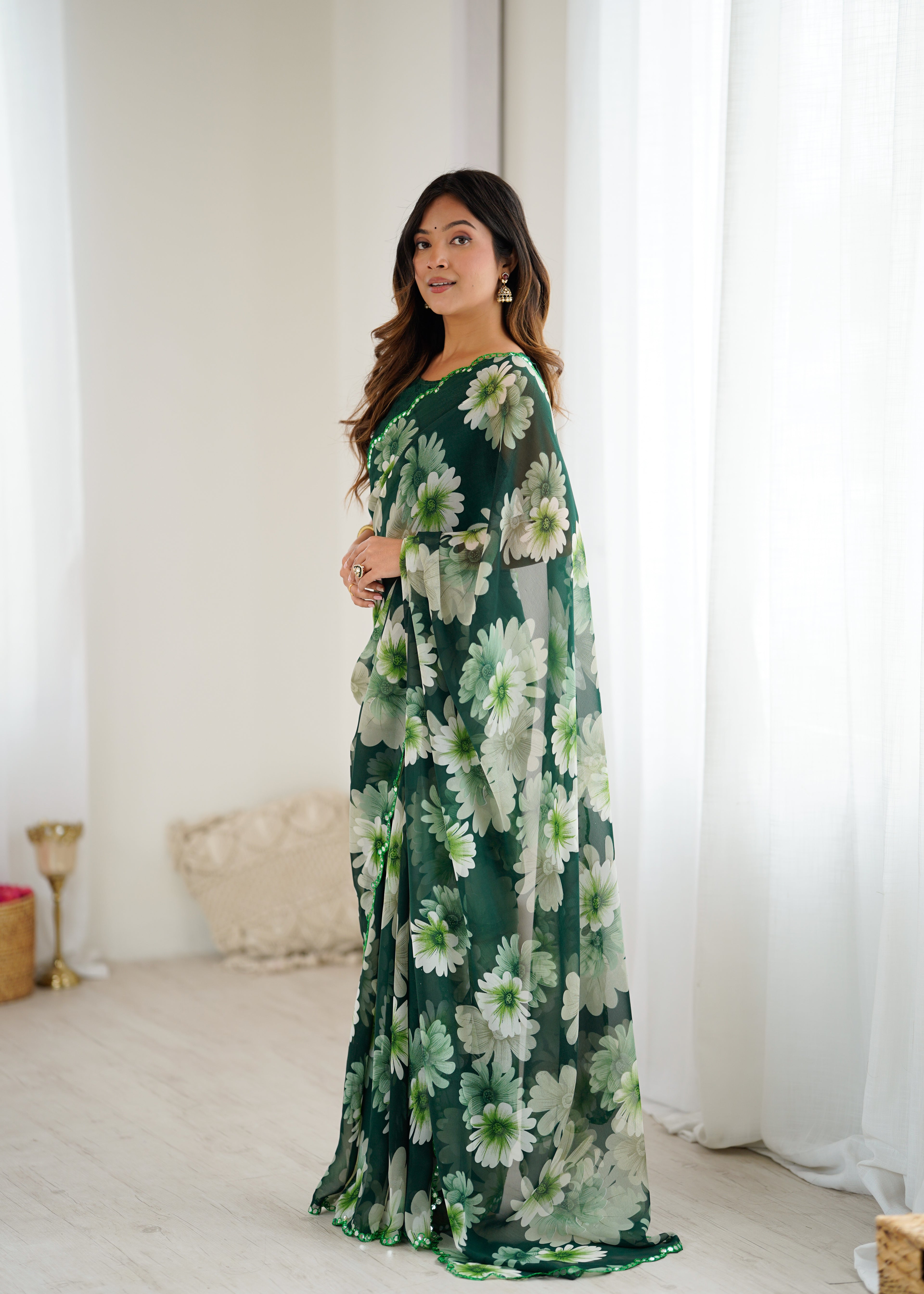SHYAMIKA Georgette Floral Printed Saree with Mirror Work & Blouse