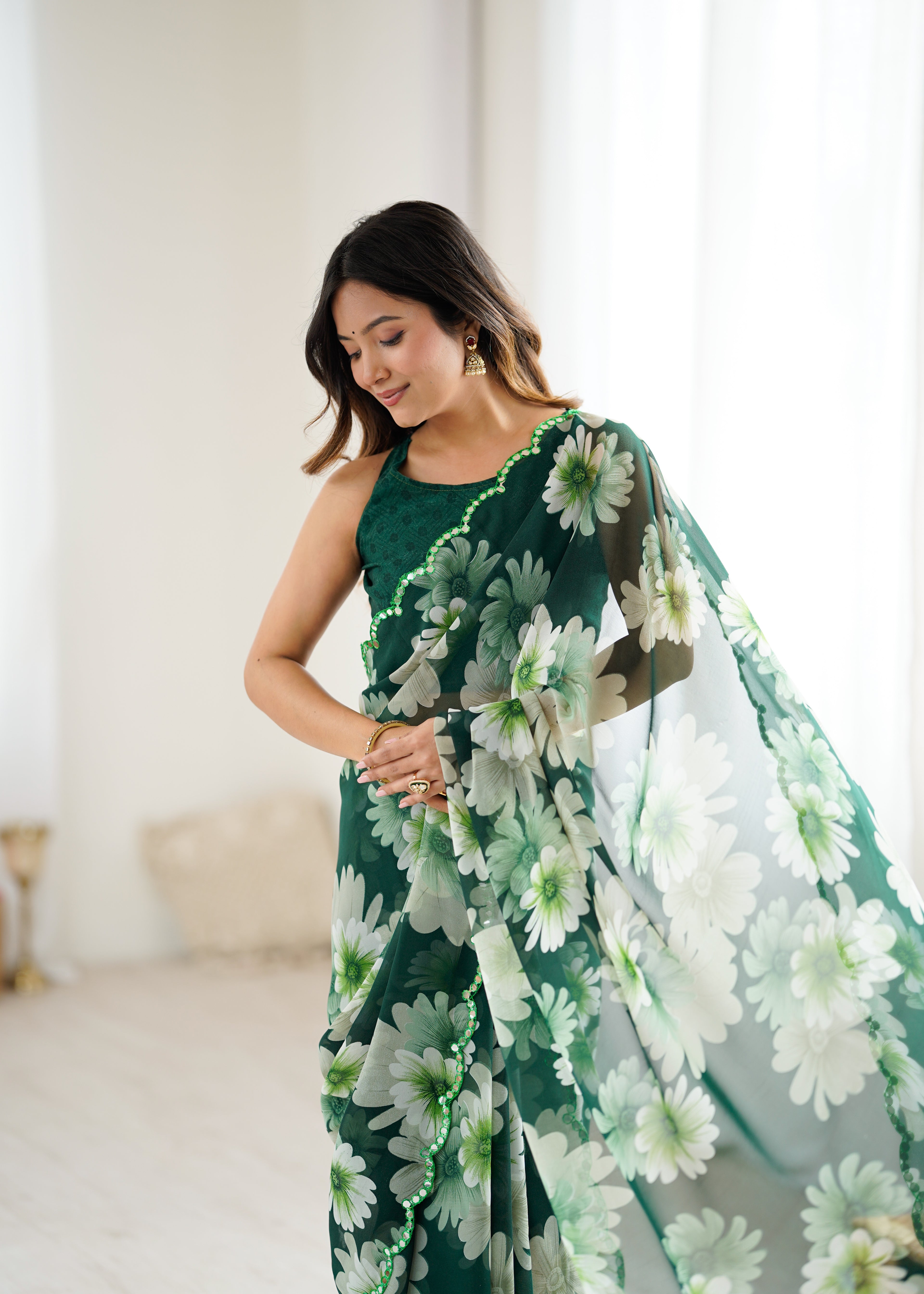 SHYAMIKA Georgette Floral Printed Saree with Mirror Work & Blouse