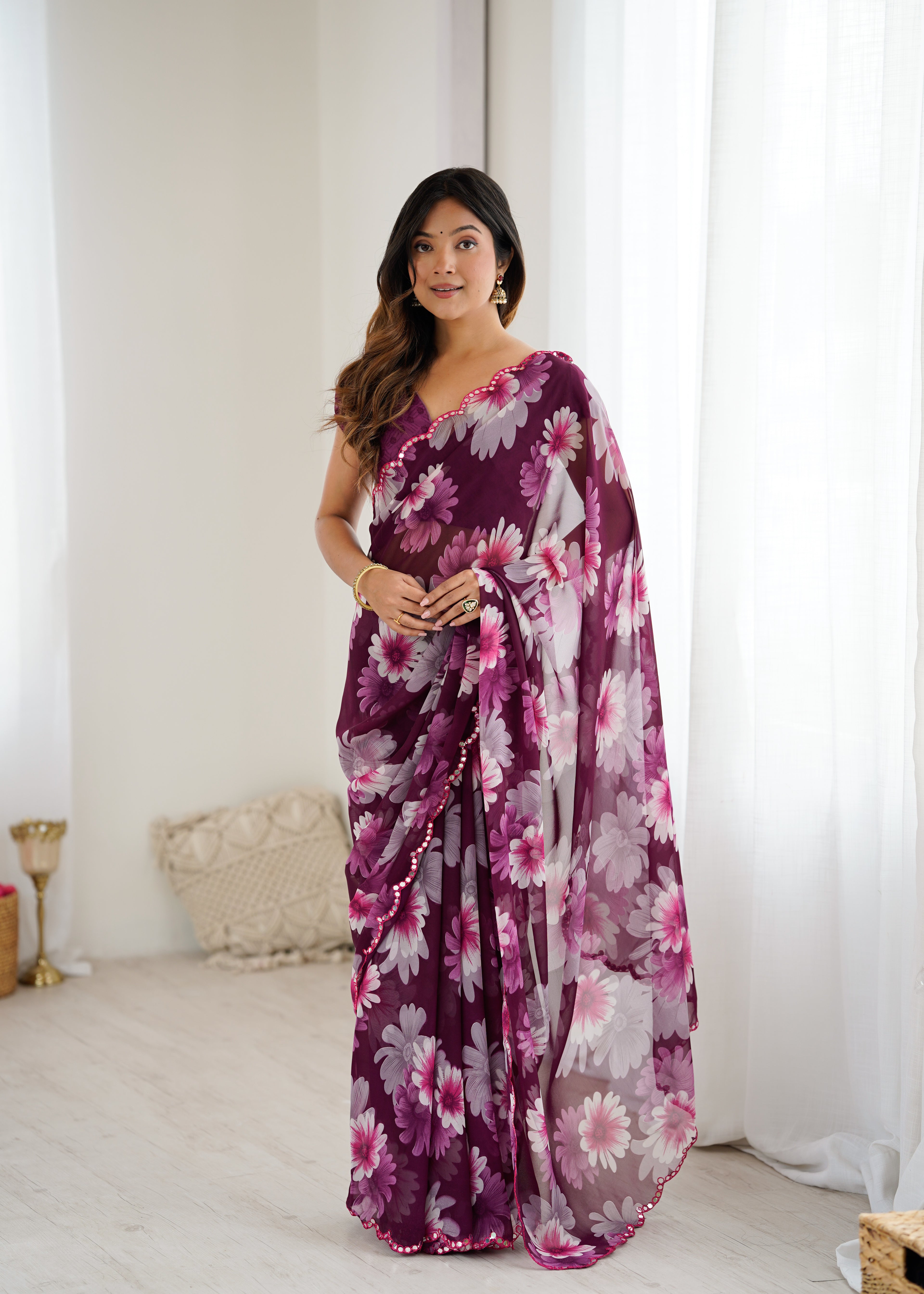 SHYAMIKA Georgette Floral Printed Saree with Mirror Work & Blouse