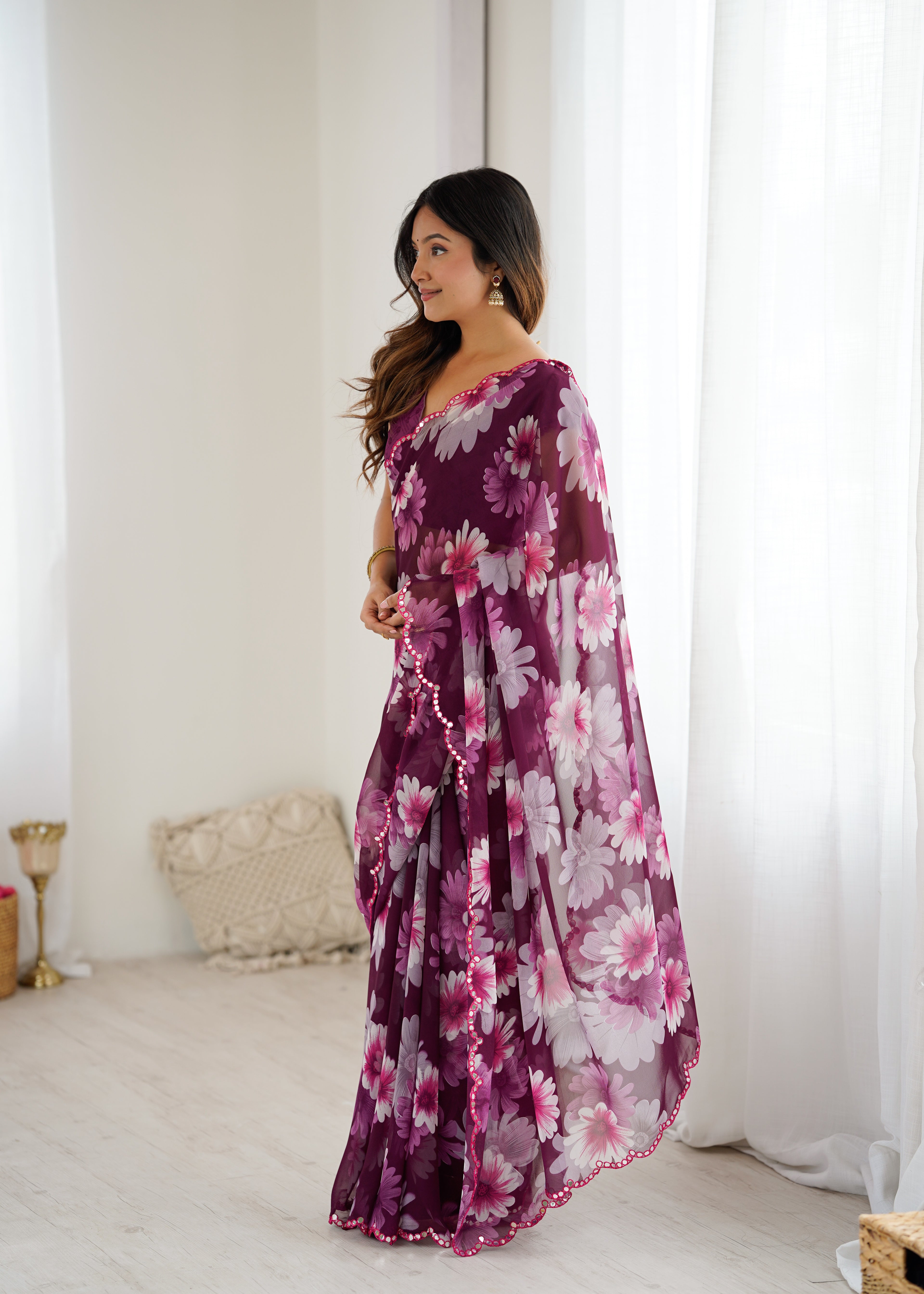 SHYAMIKA Georgette Floral Printed Saree with Mirror Work & Blouse