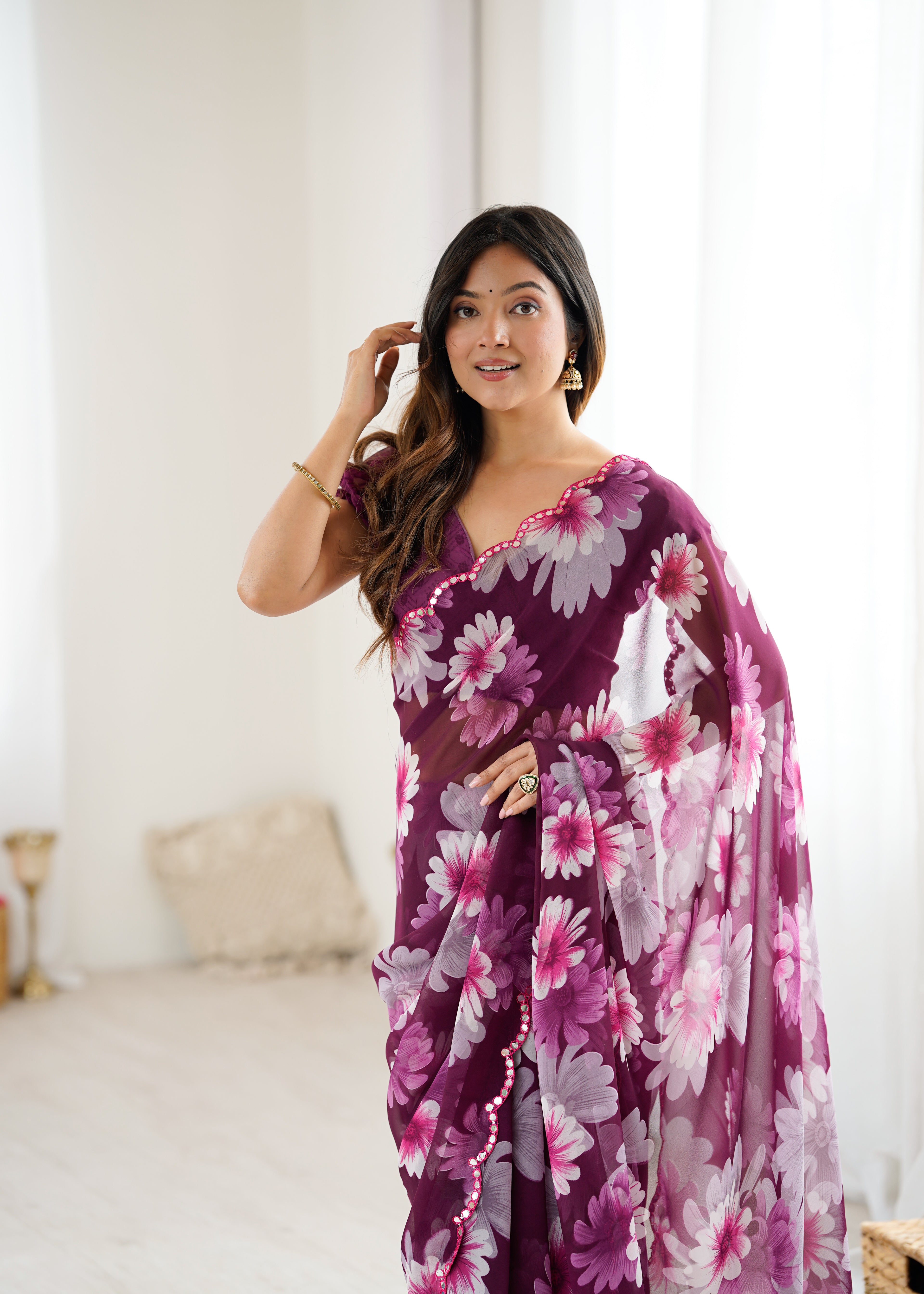 SHYAMIKA Georgette Floral Printed Saree with Mirror Work & Blouse