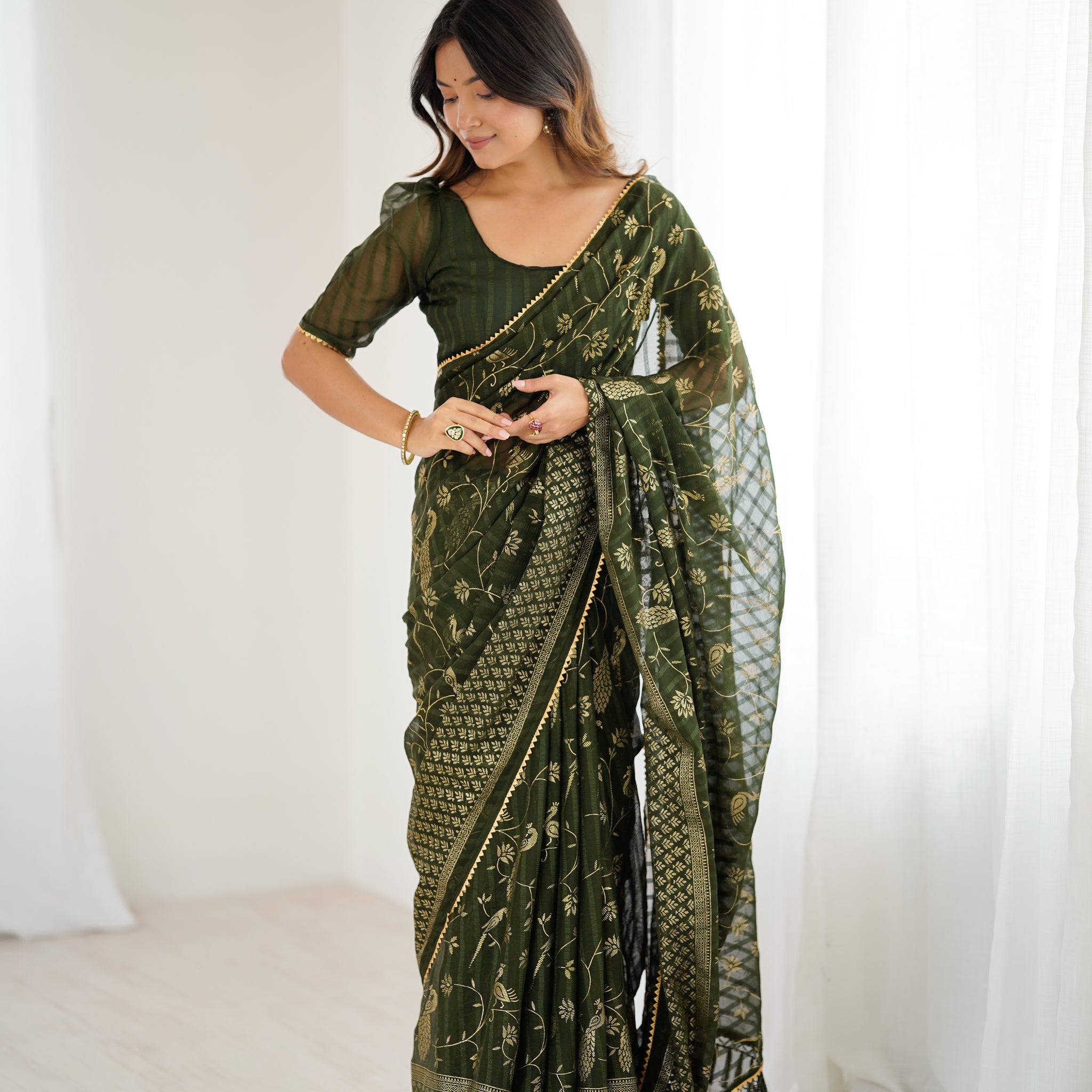 SHYAMIKA Georgette Patta Saree with Foil Work, Lace and Blouse