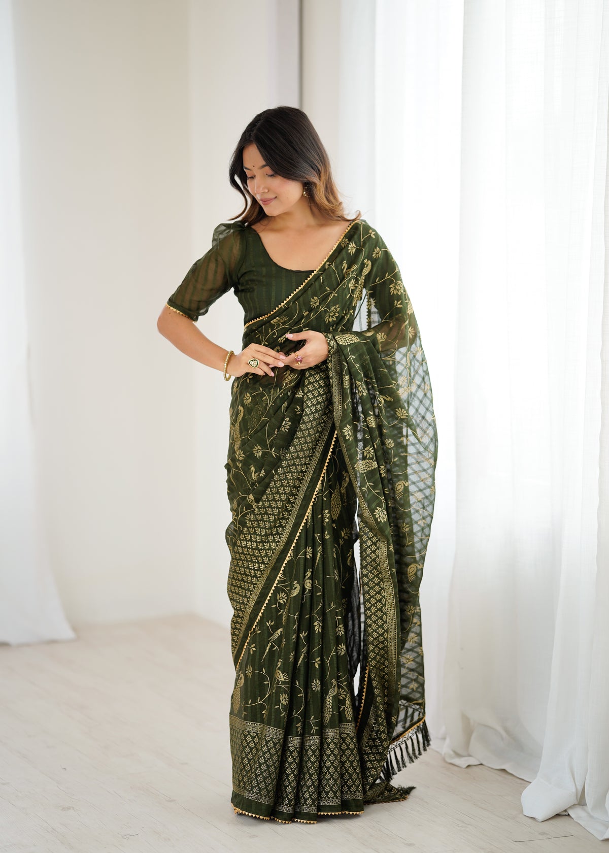 SHYAMIKA Georgette Patta Saree with Foil Work, Lace and Blouse
