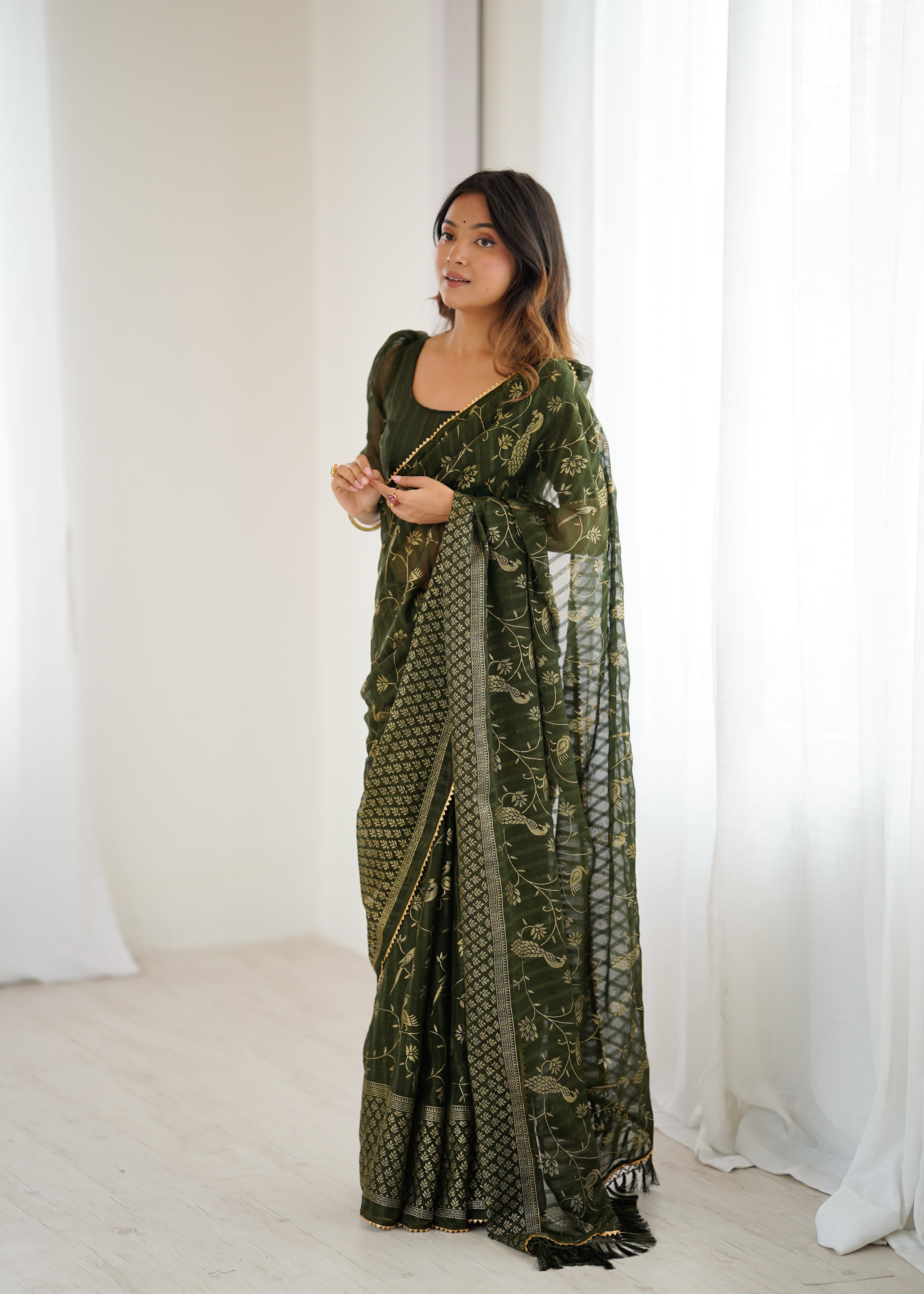 SHYAMIKA Georgette Patta Saree with Foil Work, Lace and Blouse