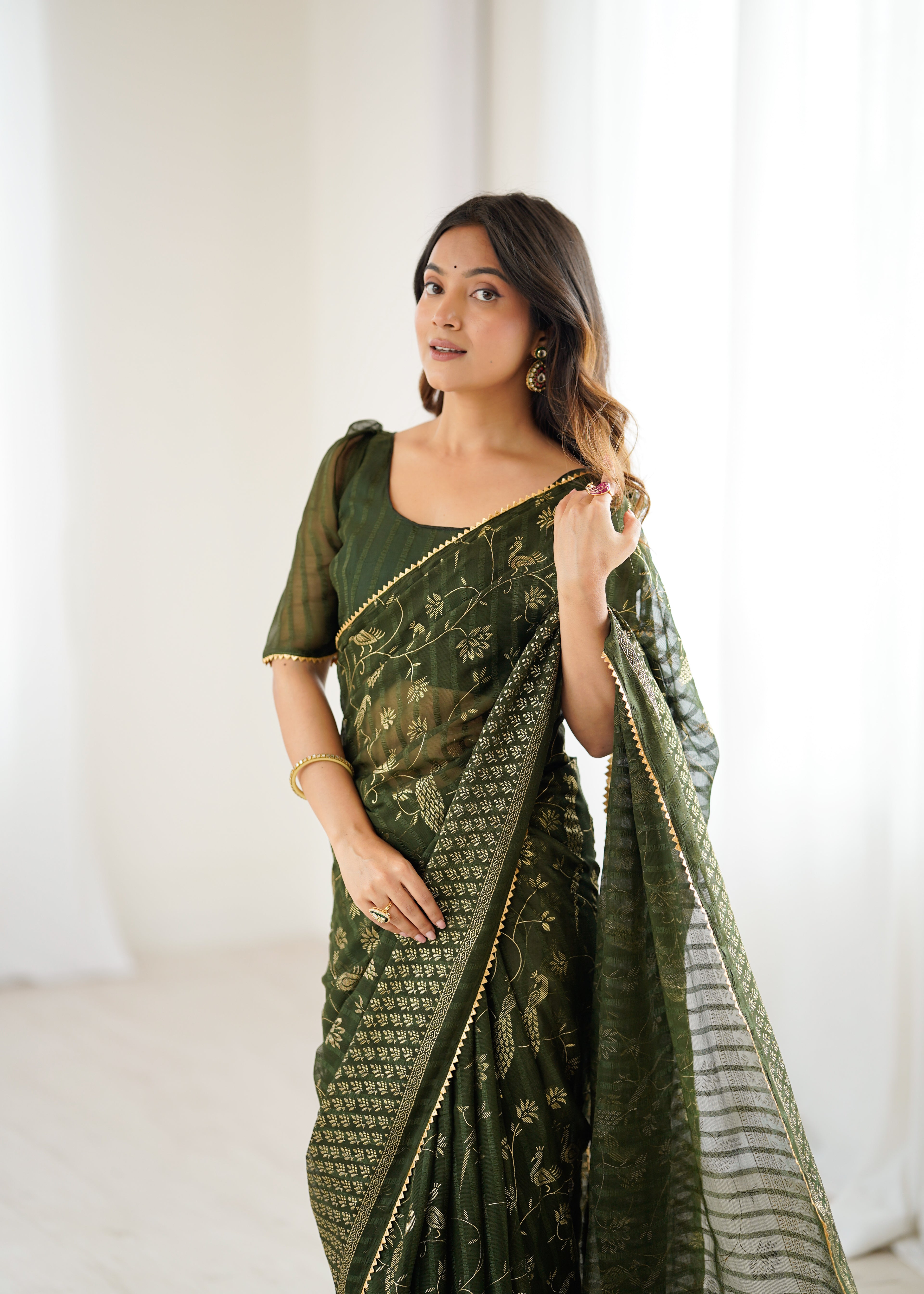 SHYAMIKA Georgette Patta Saree with Foil Work, Lace and Blouse