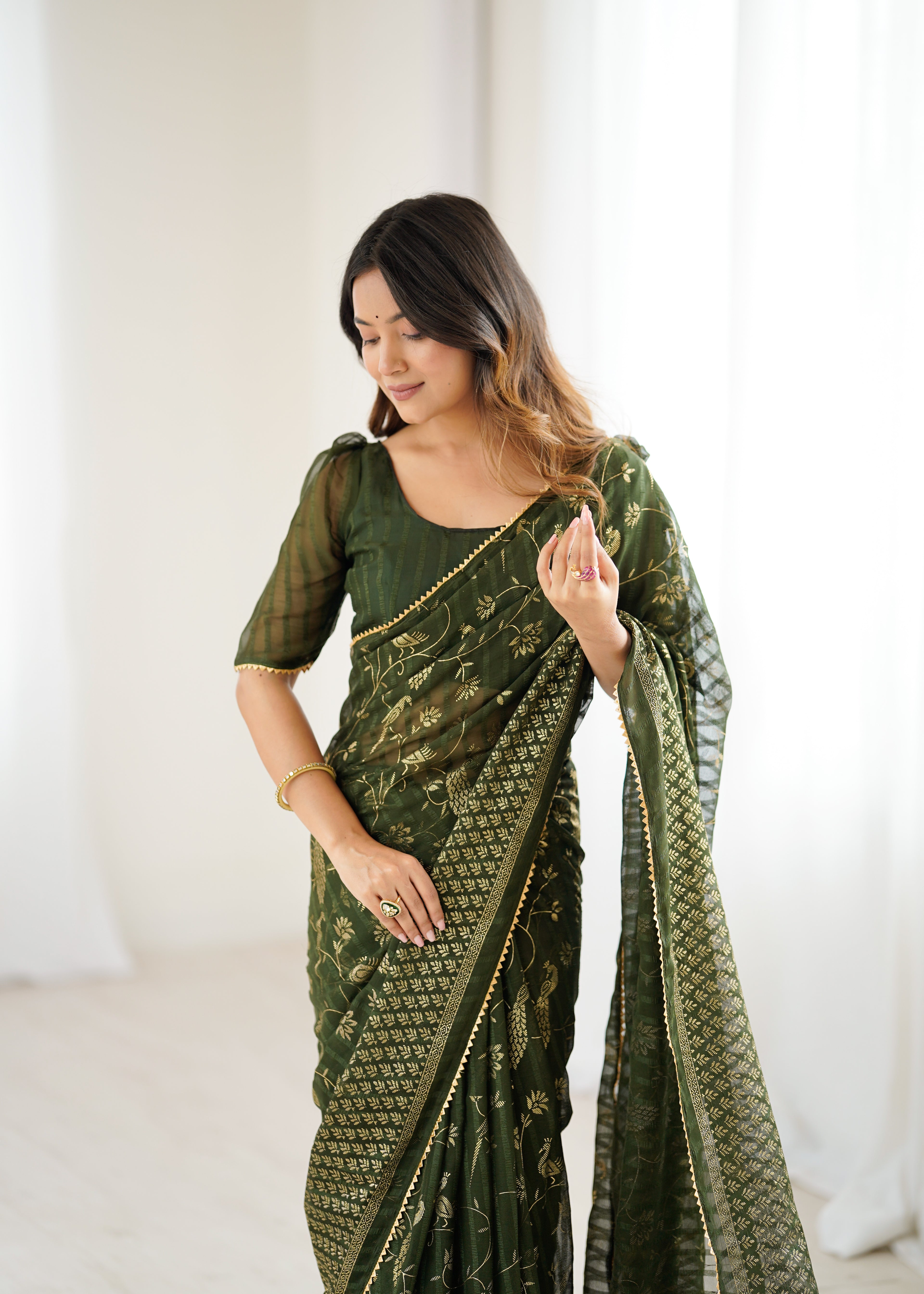 SHYAMIKA Georgette Patta Saree with Foil Work, Lace and Blouse