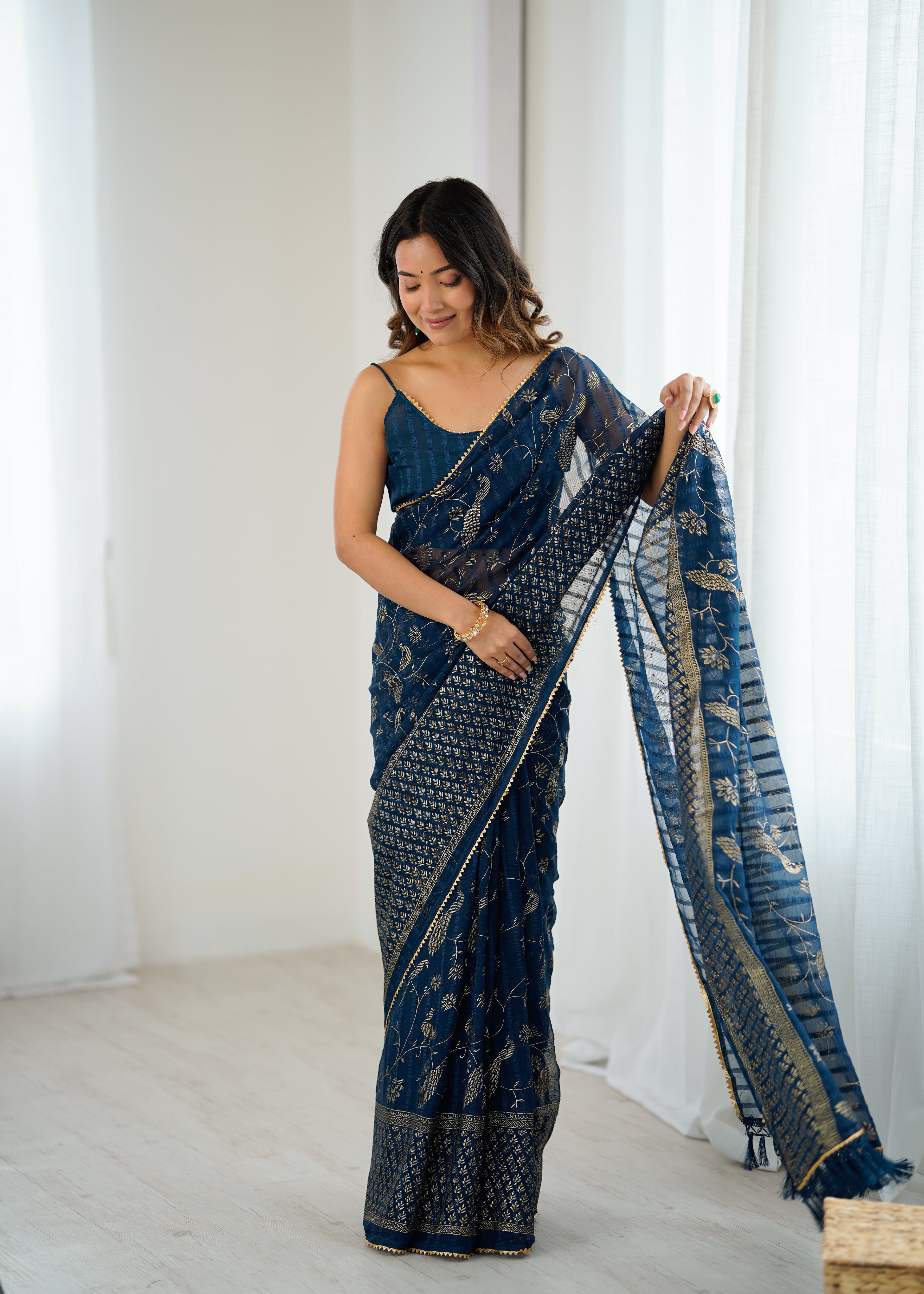 SHYAMIKA Georgette Patta Saree with Foil Work, Lace and Blouse