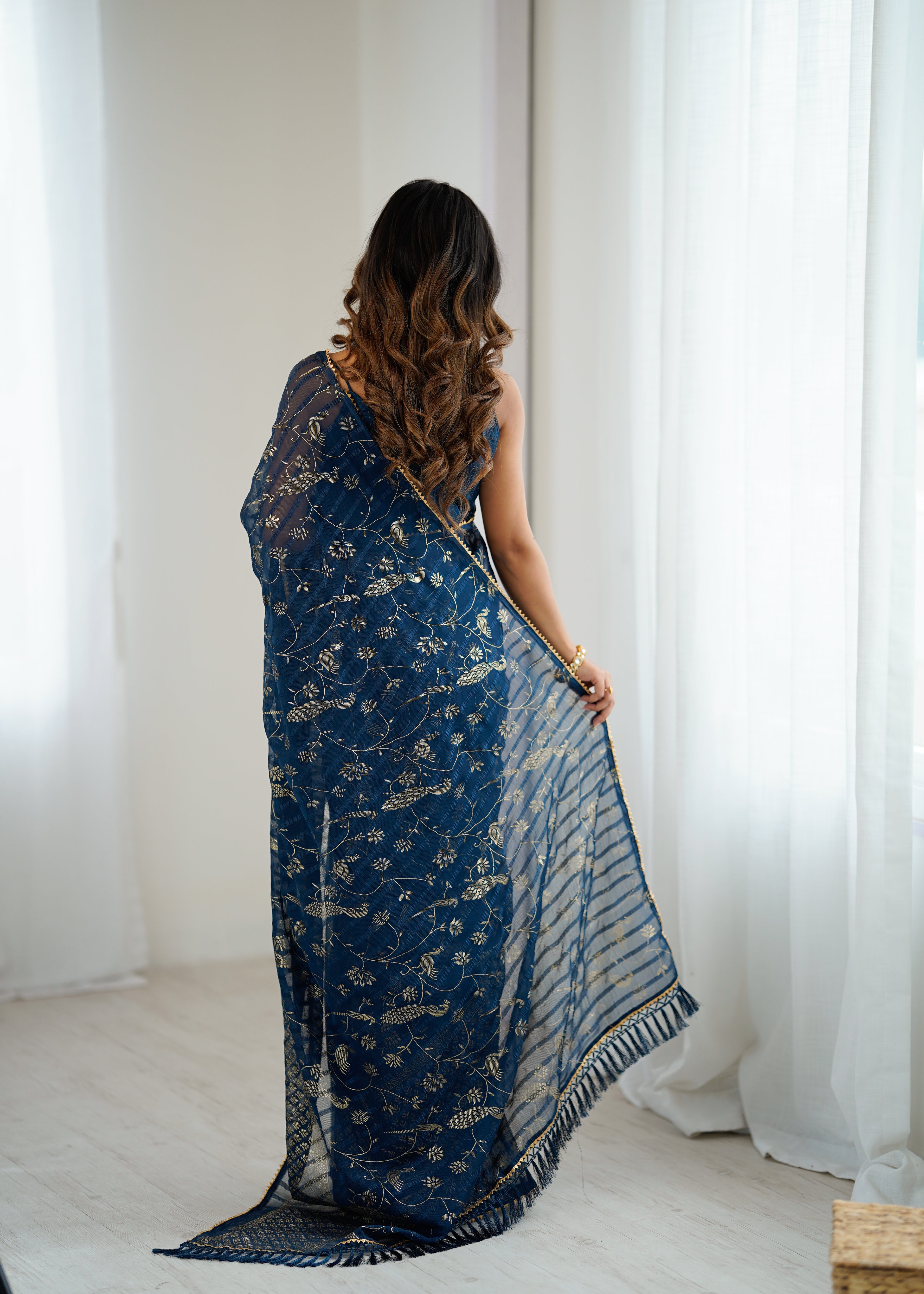 SHYAMIKA Georgette Patta Saree with Foil Work, Lace and Blouse