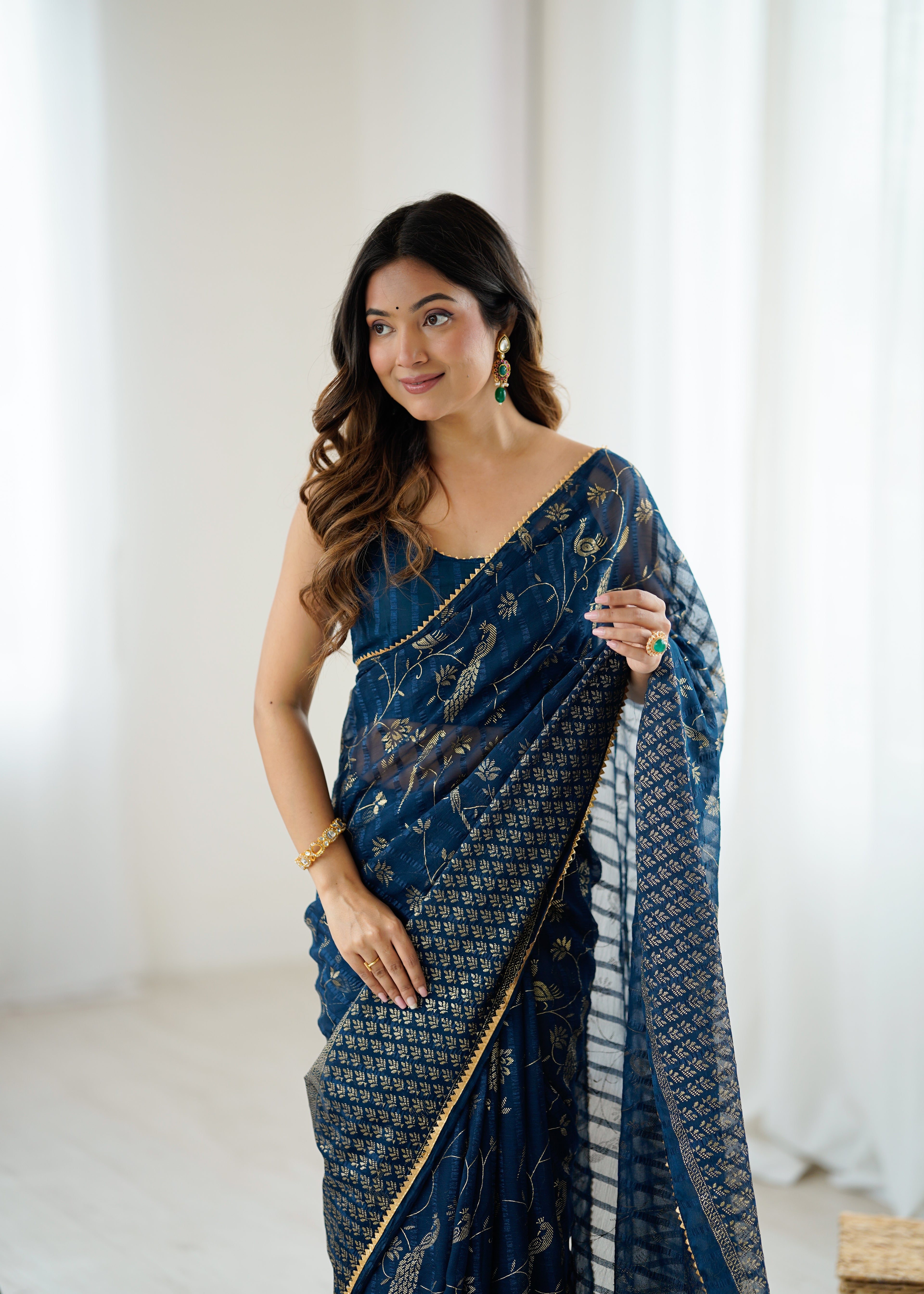 SHYAMIKA Georgette Patta Saree with Foil Work, Lace and Blouse