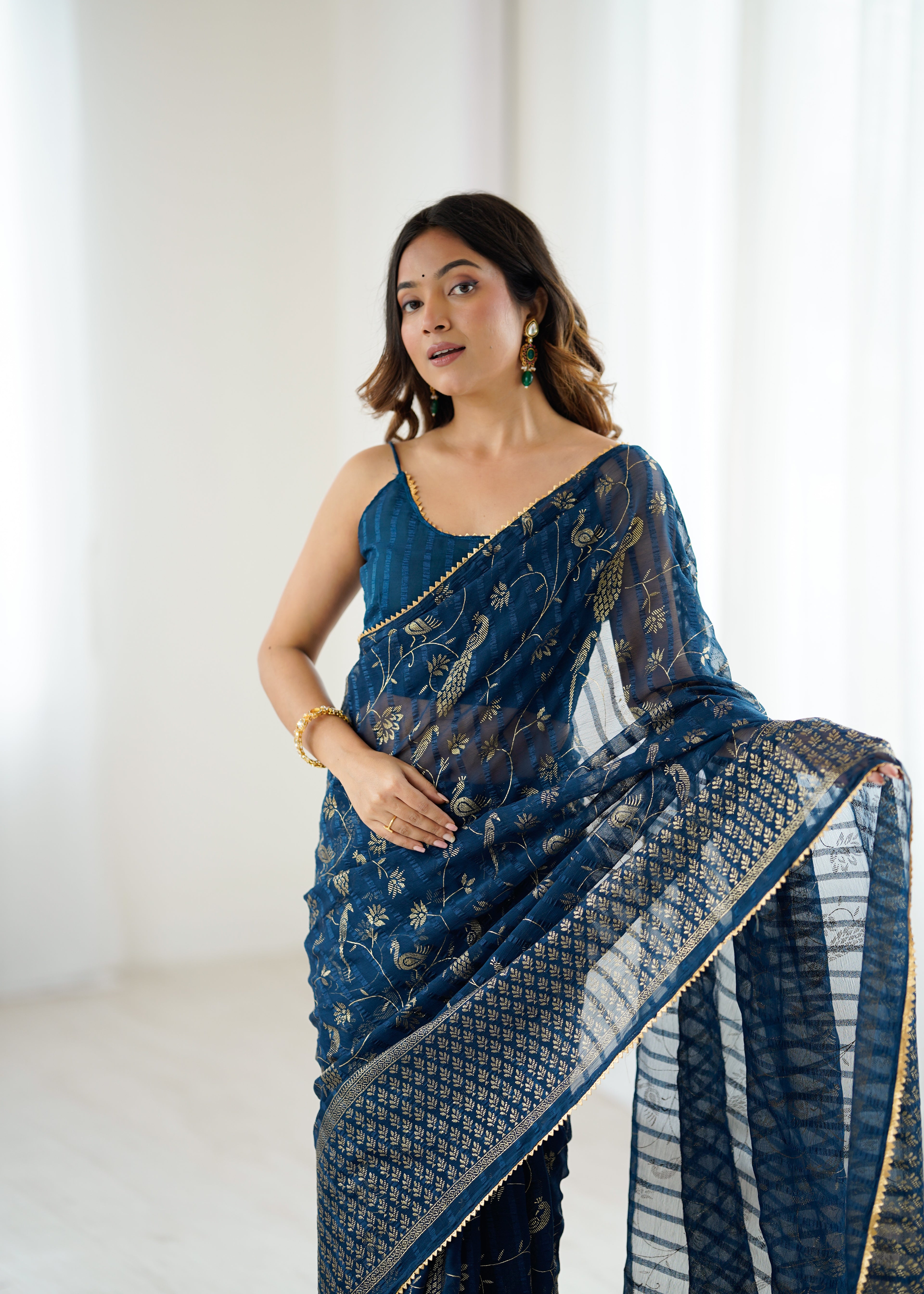 SHYAMIKA Georgette Patta Saree with Foil Work, Lace and Blouse