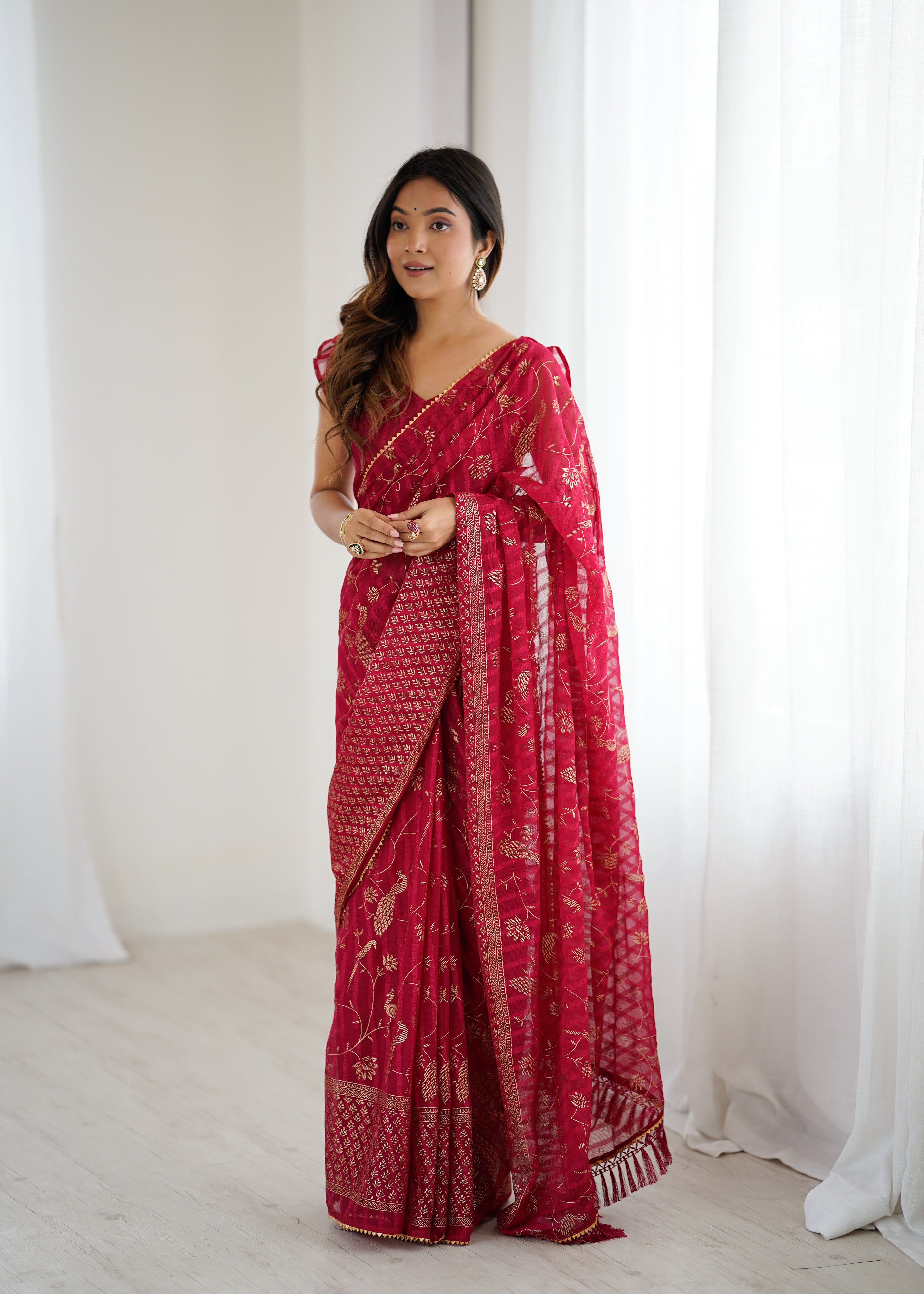 SHYAMIKA Georgette Patta Saree with Foil Work, Lace and Blouse