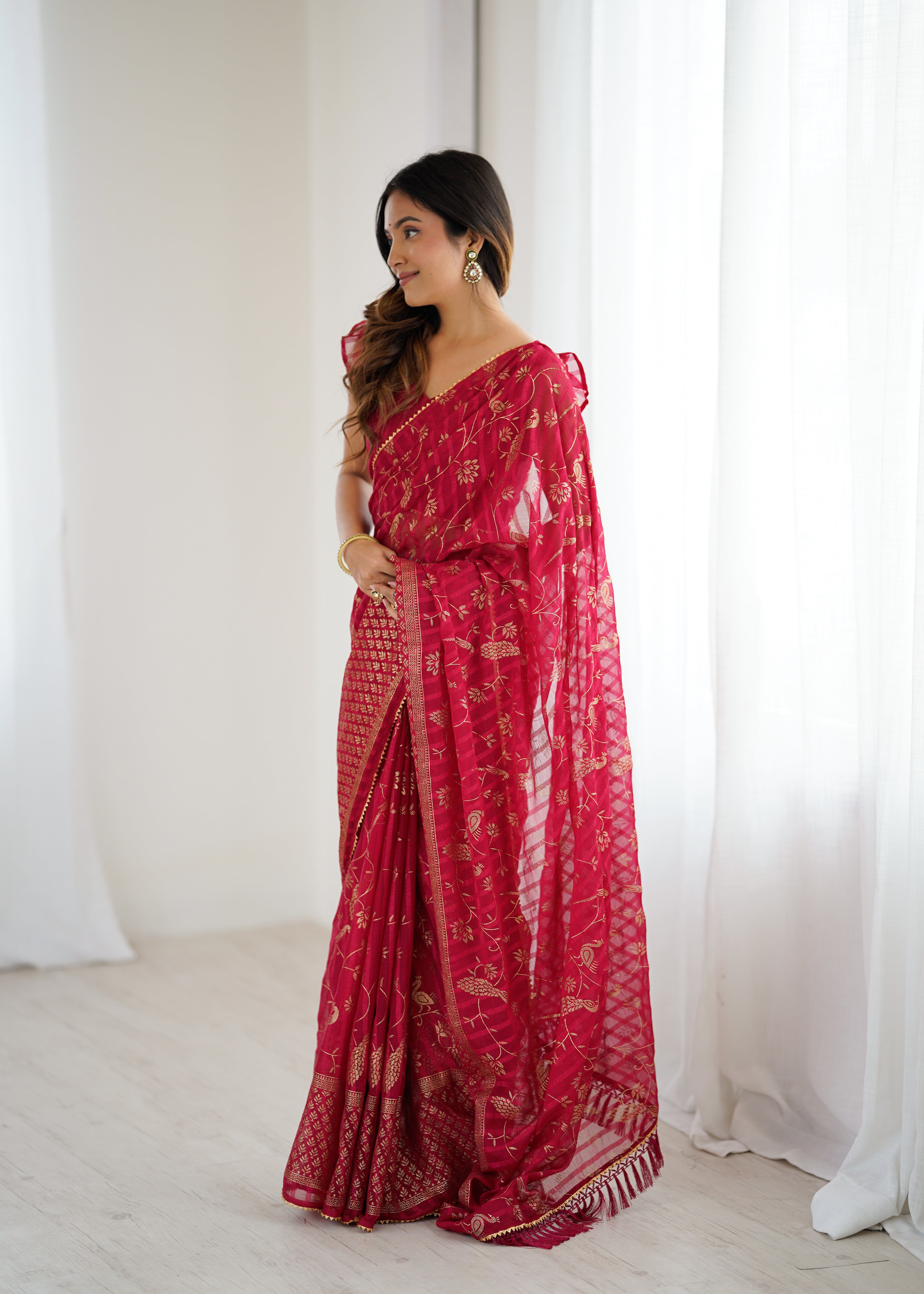 SHYAMIKA Georgette Patta Saree with Foil Work, Lace and Blouse