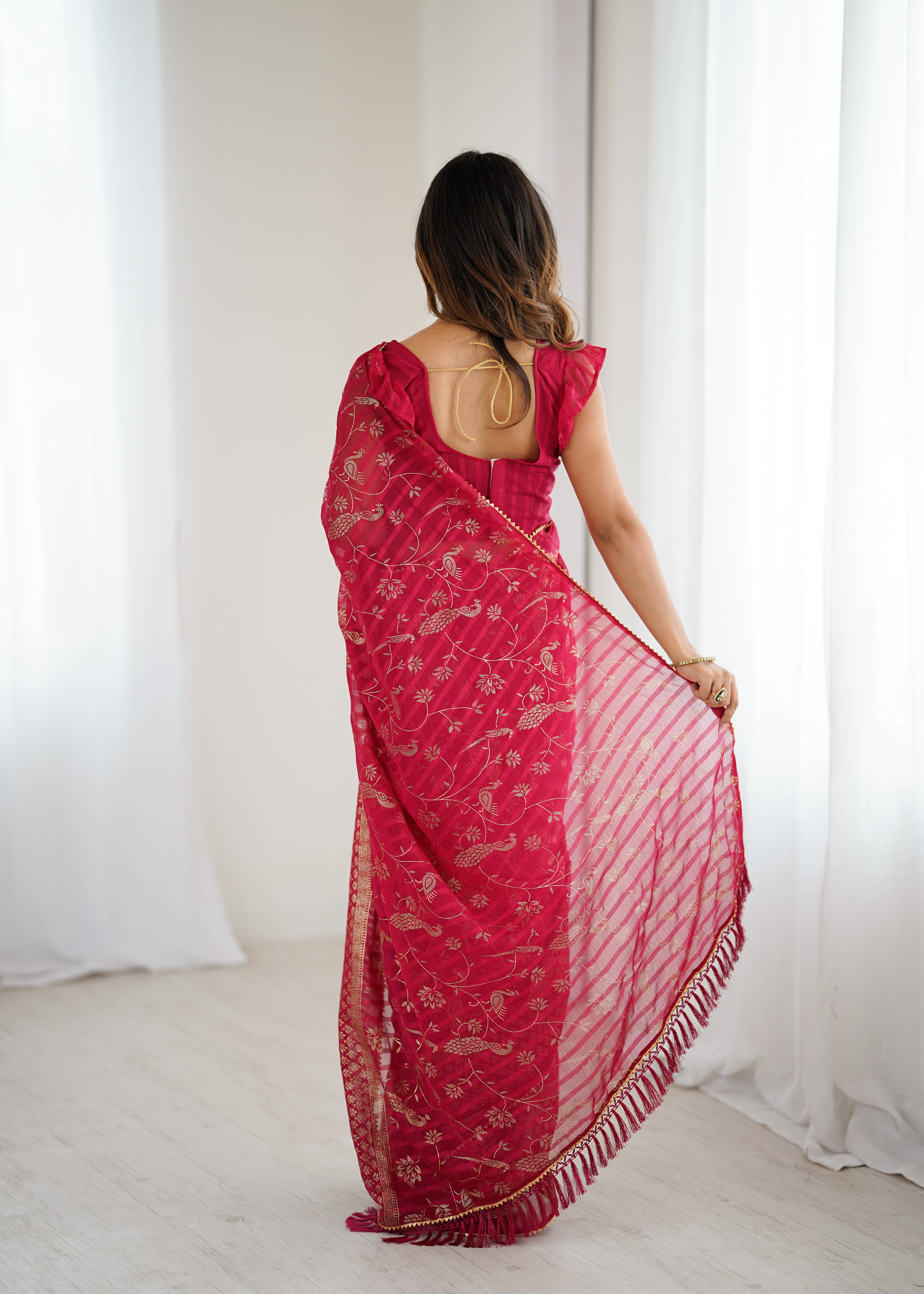 SHYAMIKA Georgette Patta Saree with Foil Work, Lace and Blouse