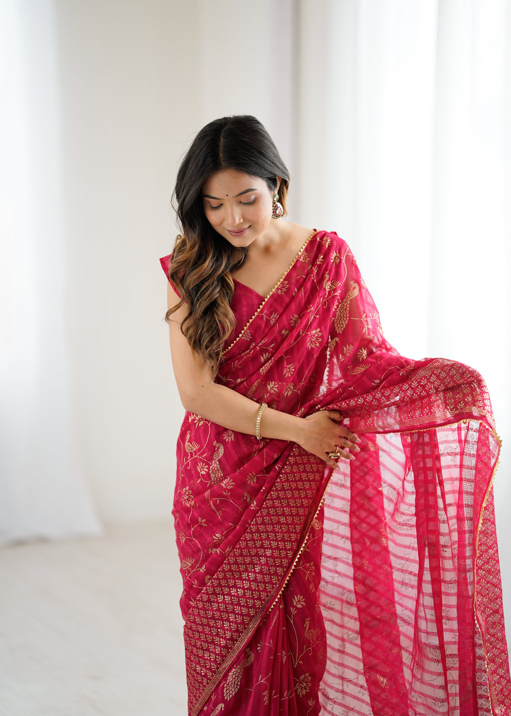 SHYAMIKA Georgette Patta Saree with Foil Work, Lace and Blouse