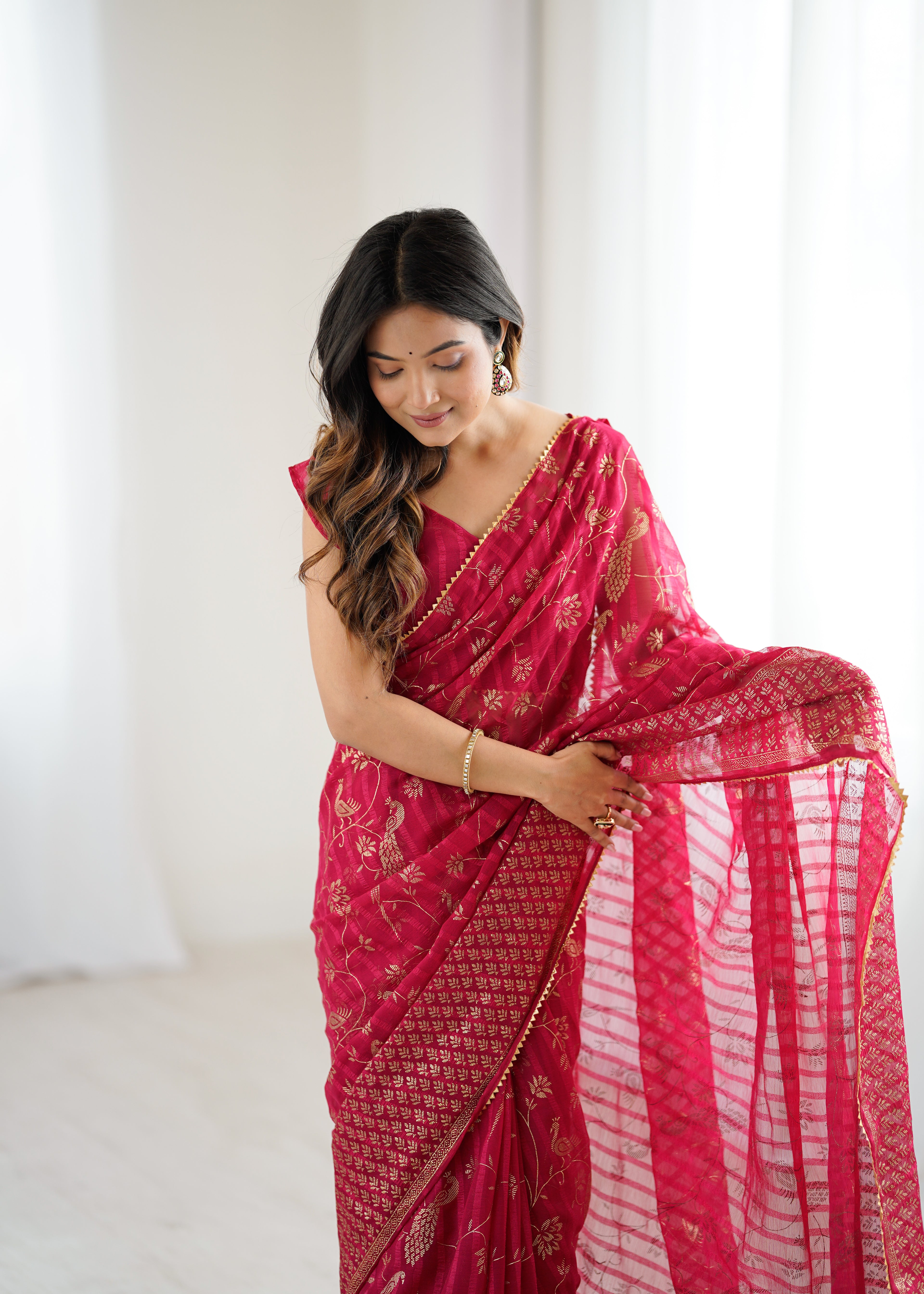 SHYAMIKA Georgette Patta Saree with Foil Work, Lace and Blouse