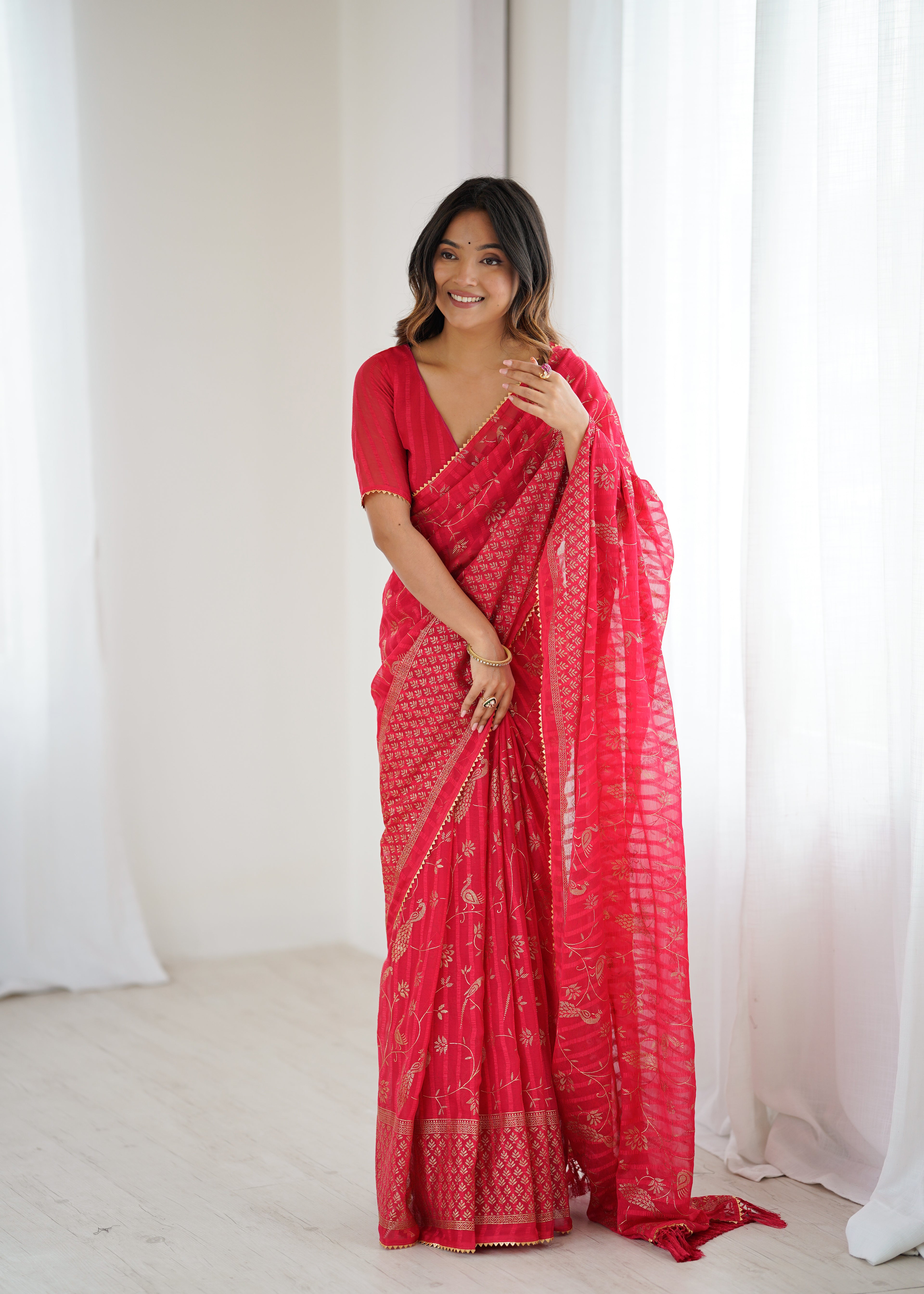 SHYAMIKA Georgette Patta Saree with Foil Work, Lace and Blouse