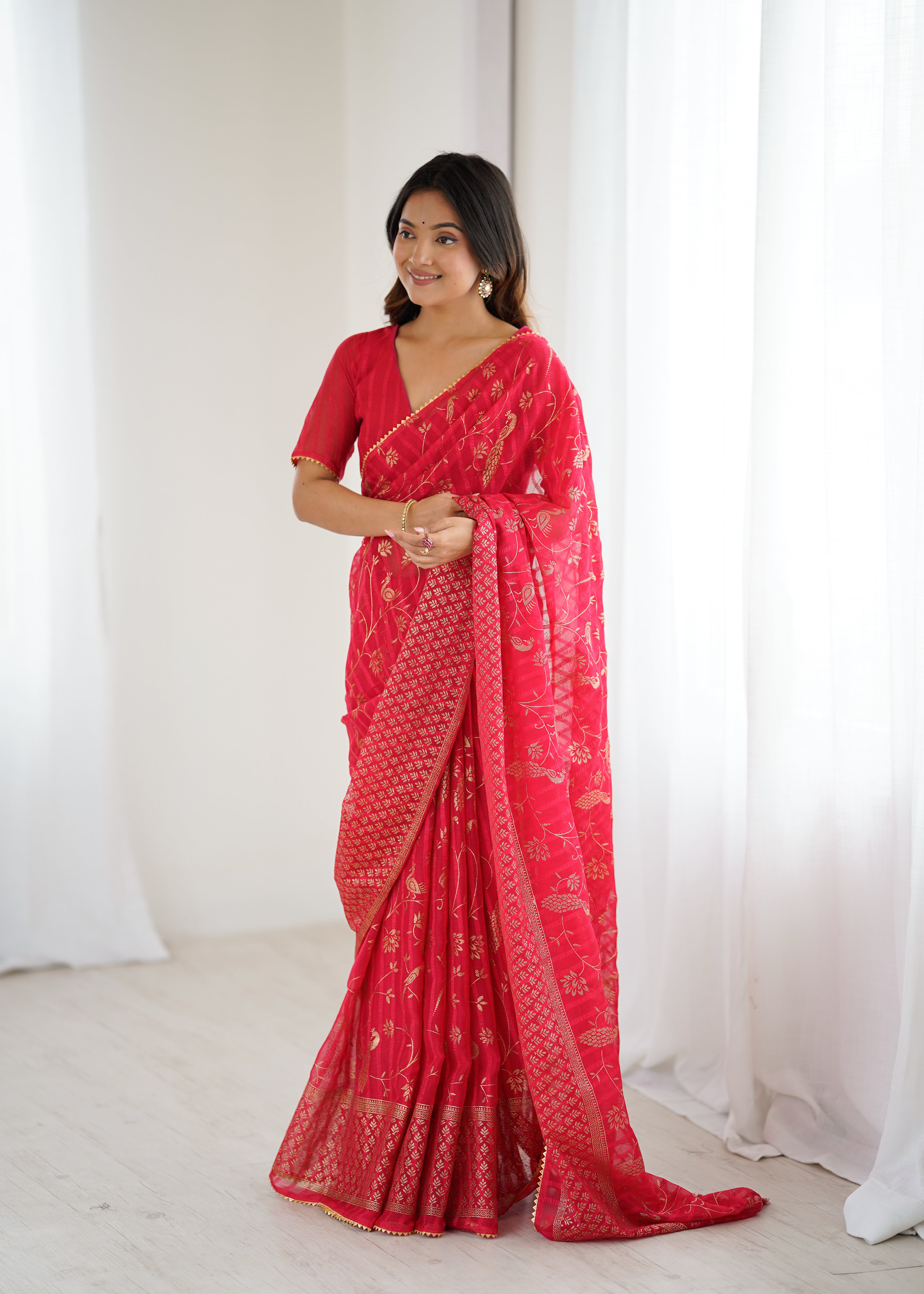 SHYAMIKA Georgette Patta Saree with Foil Work, Lace and Blouse