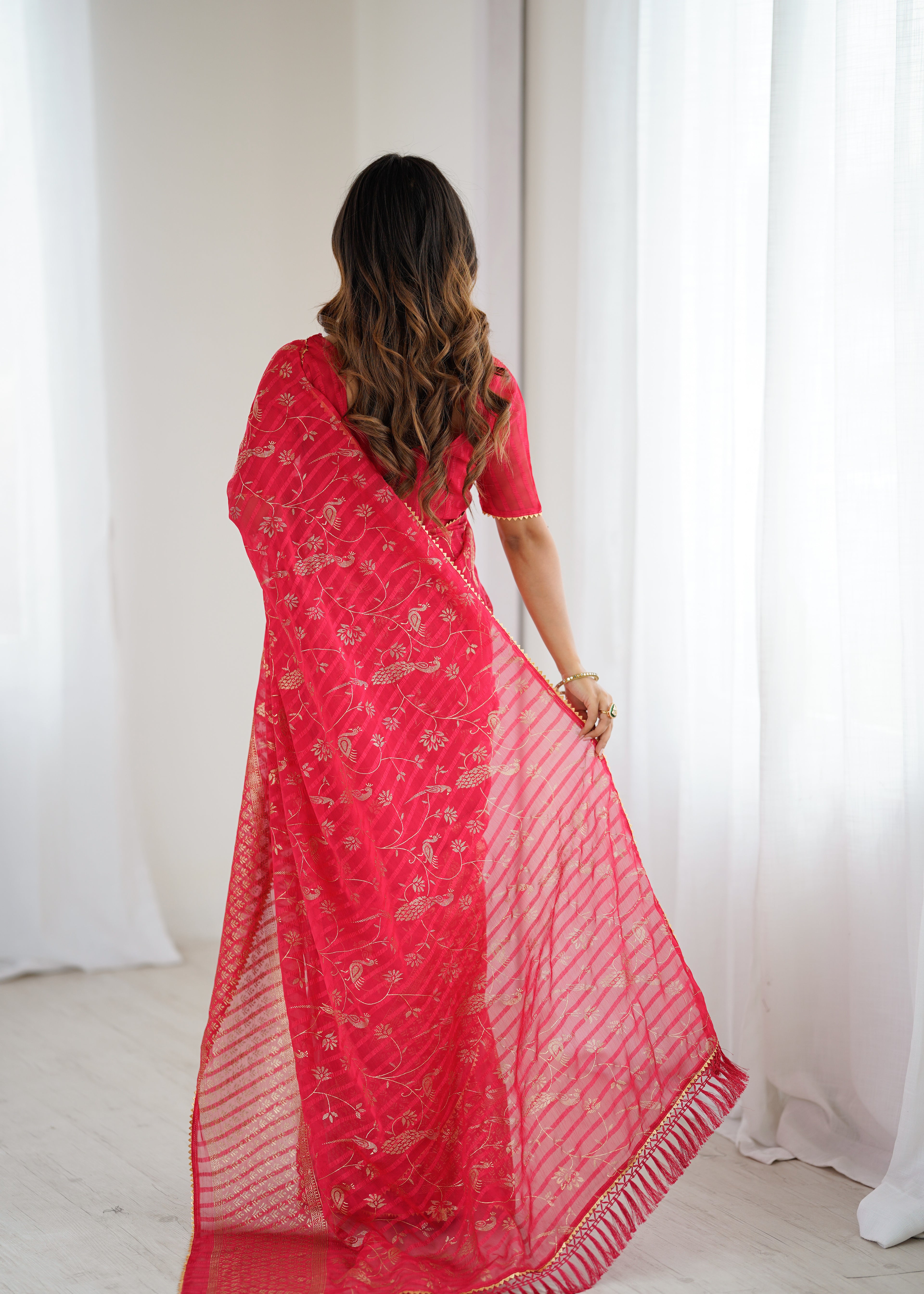 SHYAMIKA Georgette Patta Saree with Foil Work, Lace and Blouse