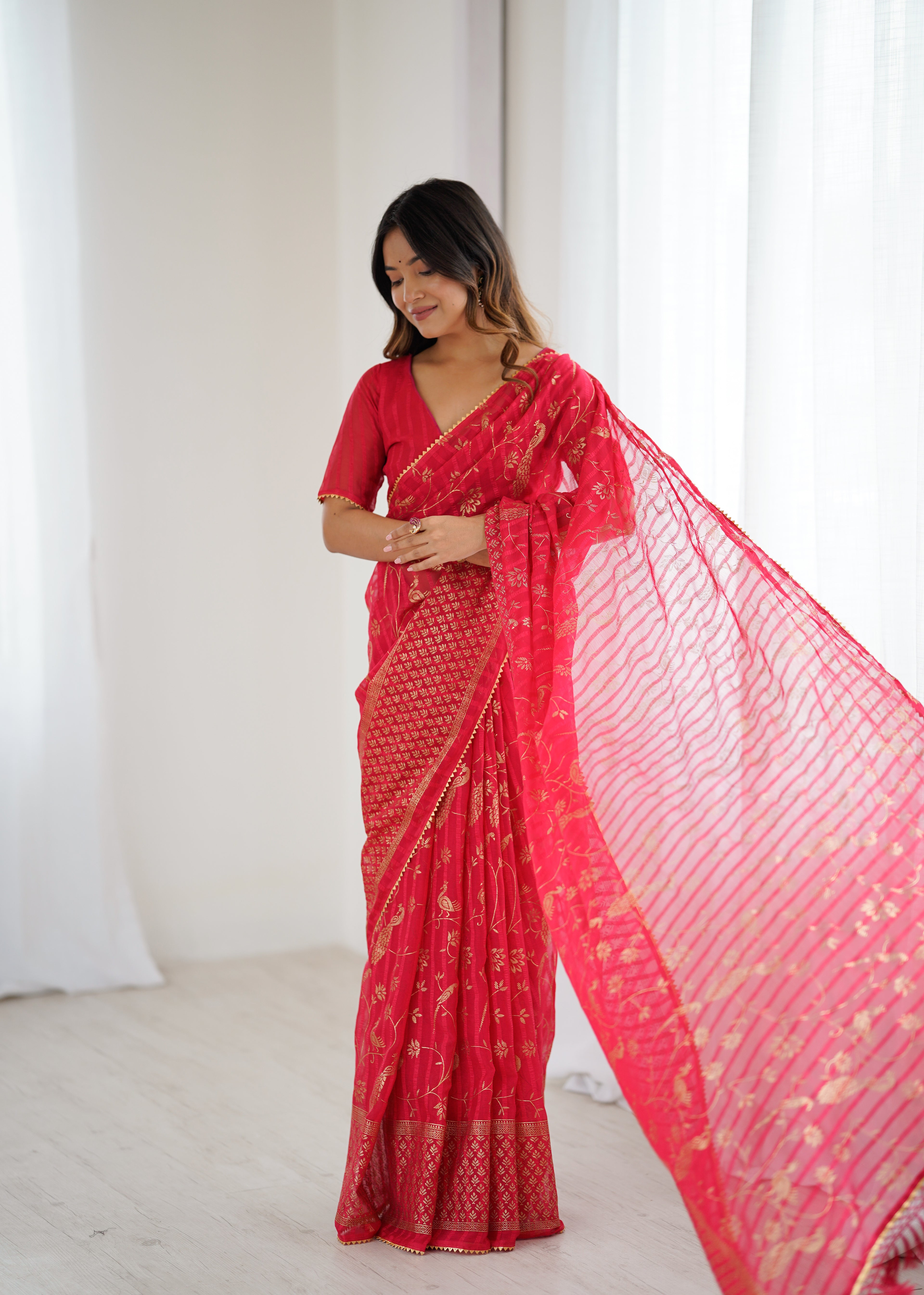 SHYAMIKA Georgette Patta Saree with Foil Work, Lace and Blouse