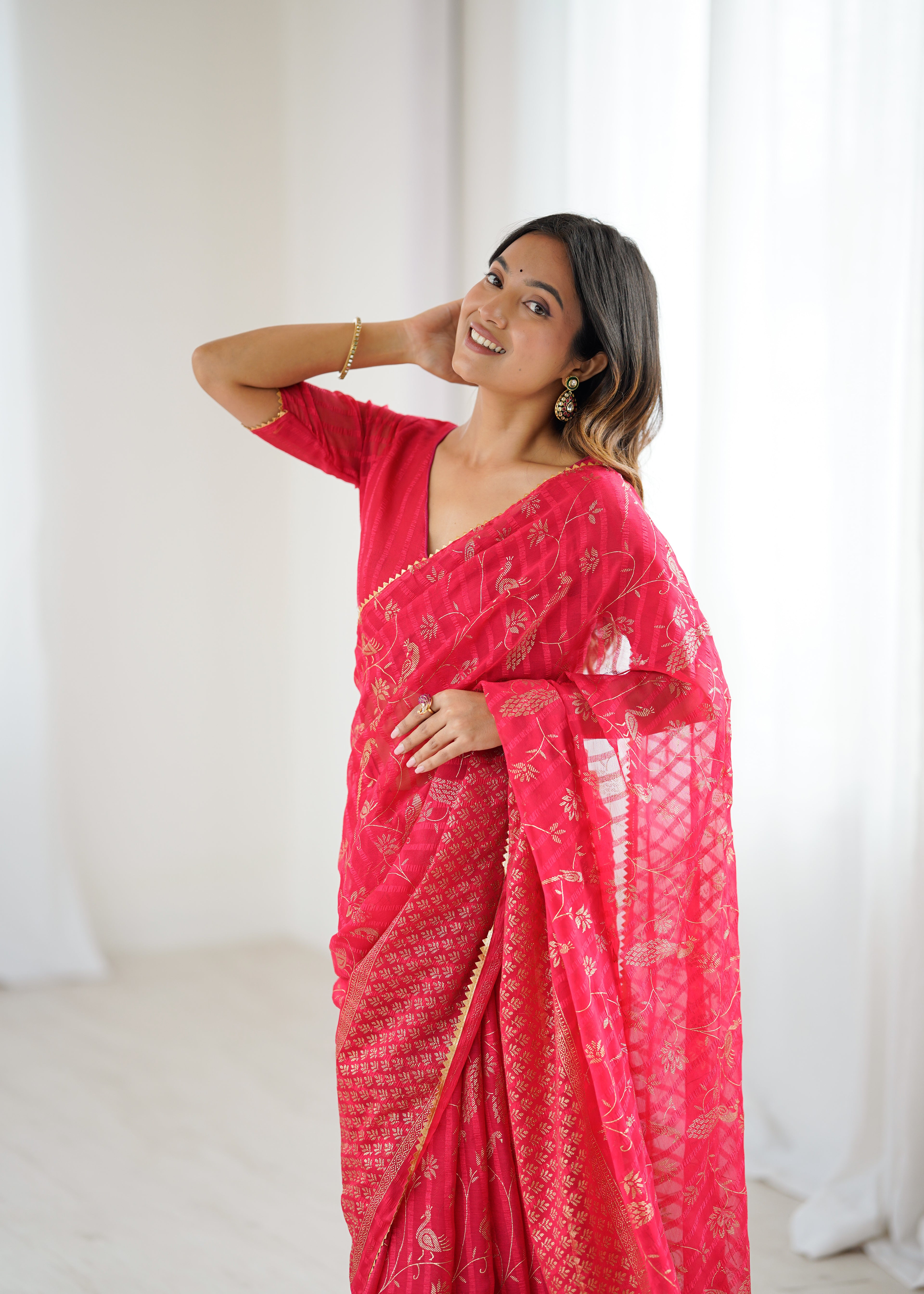 SHYAMIKA Georgette Patta Saree with Foil Work, Lace and Blouse