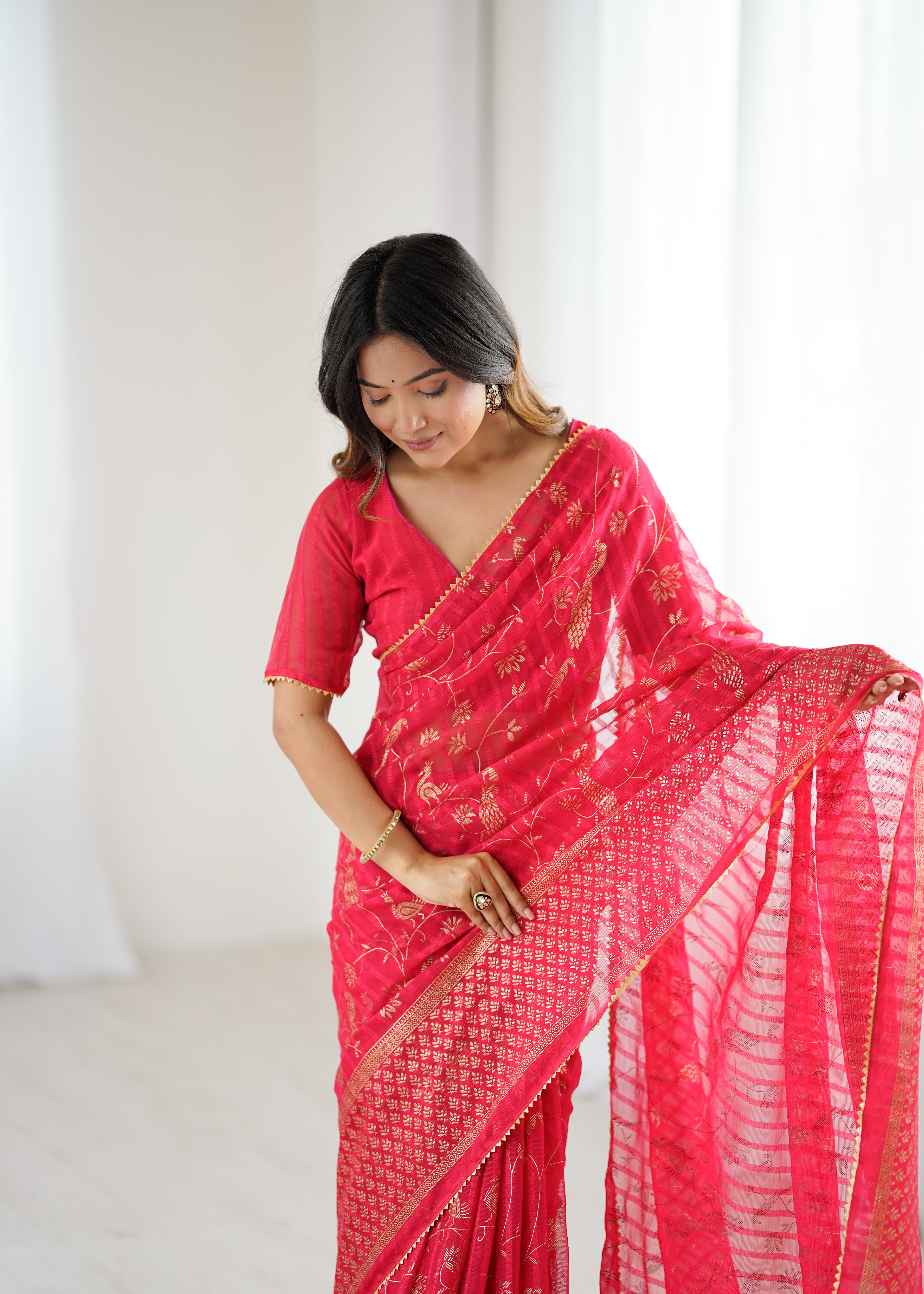 SHYAMIKA Georgette Patta Saree with Foil Work, Lace and Blouse