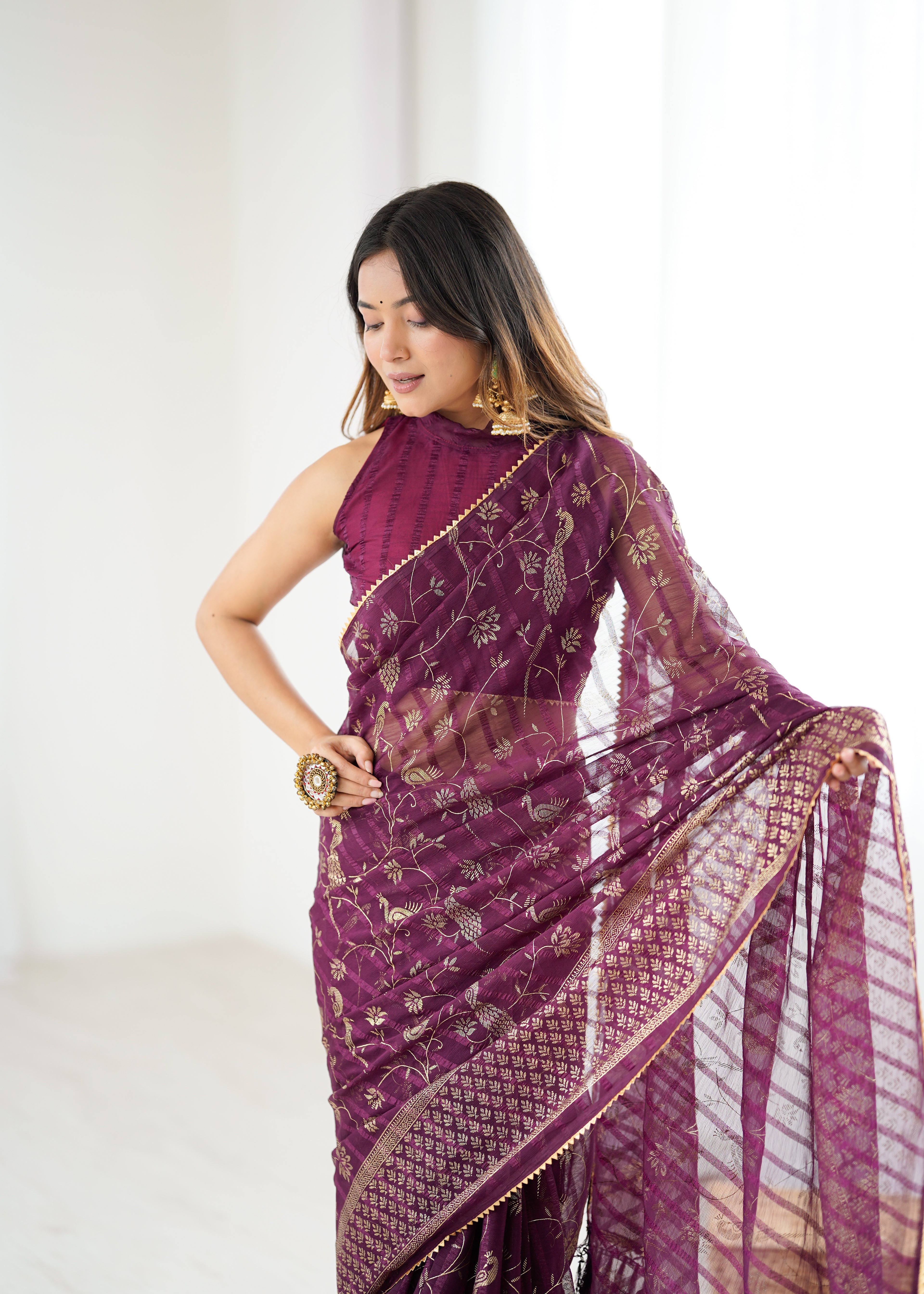 SHYAMIKA Georgette Patta Saree with Foil Work, Lace and Blouse