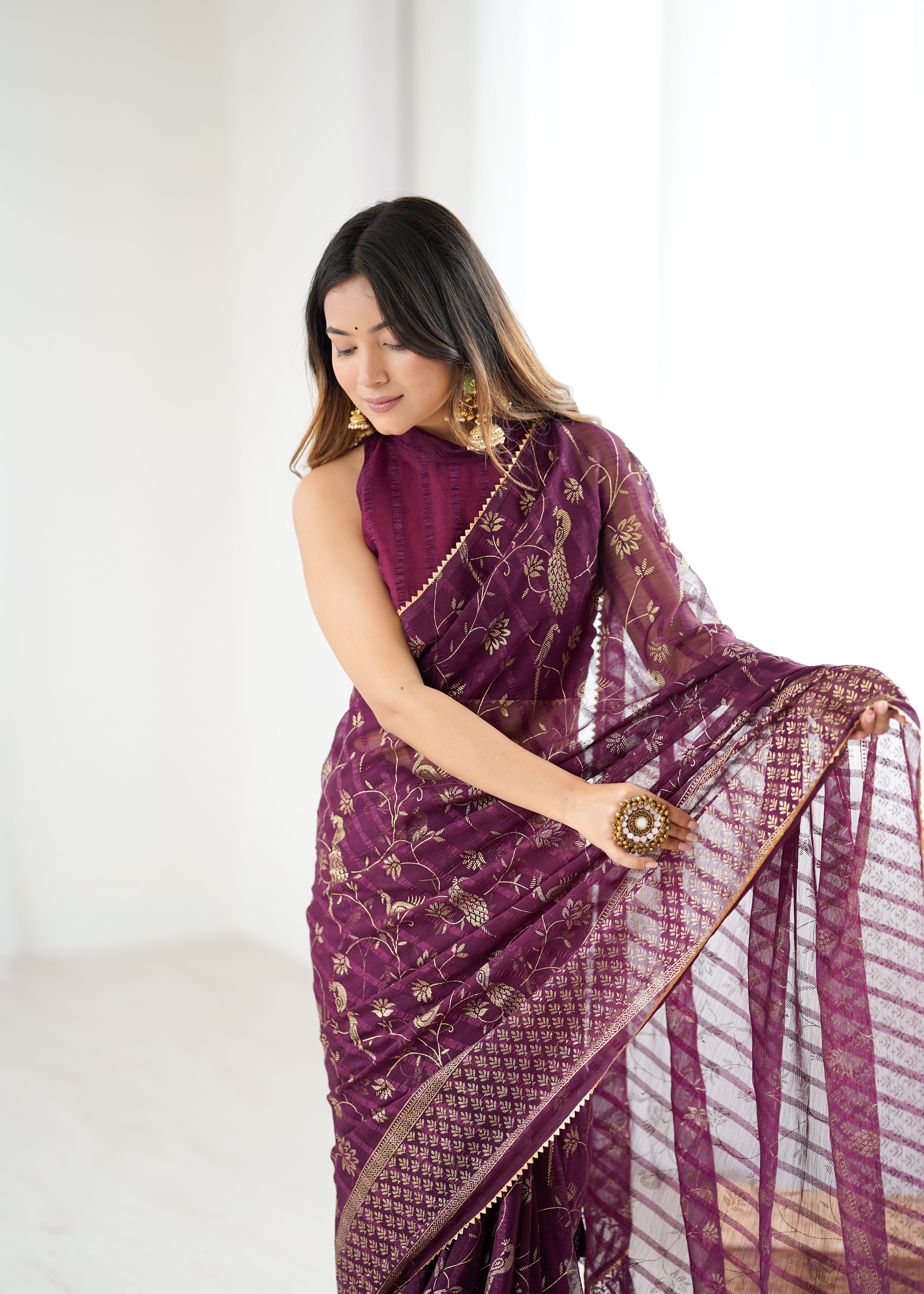 SHYAMIKA Georgette Patta Saree with Foil Work, Lace and Blouse