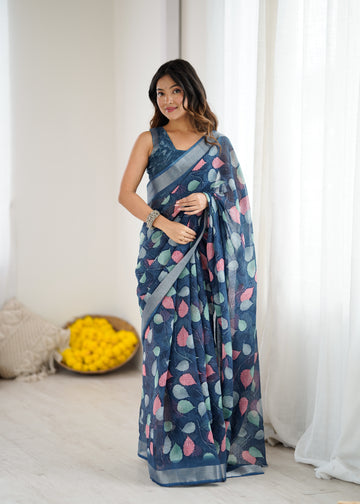 SHYAMIKA Linen Patta Printed Saree with Blouse