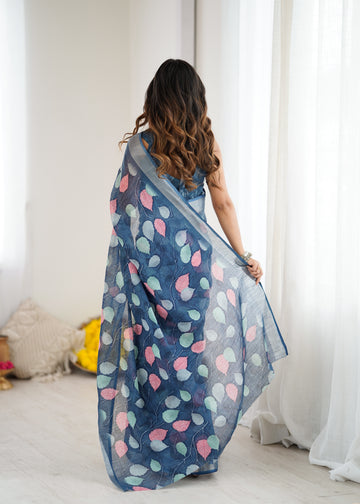 SHYAMIKA Linen Patta Printed Saree with Blouse