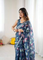 SHYAMIKA Linen Patta Printed Saree with Blouse
