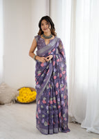 SHYAMIKA Linen Patta Printed Saree with Blouse