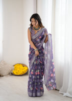 SHYAMIKA Linen Patta Printed Saree with Blouse